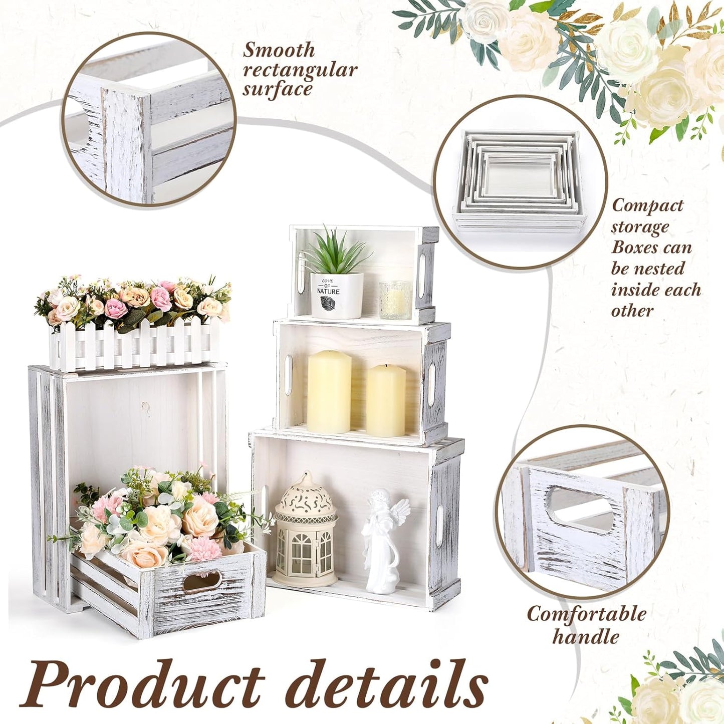 5 Pack Decorative Wood Crates for Display 5 Sizes Rustic Nesting Wooden Crates Vintage Storage Container Boxes with Handles Handmade Decorative Baskets Bin for Farmhouse(Vintage White)