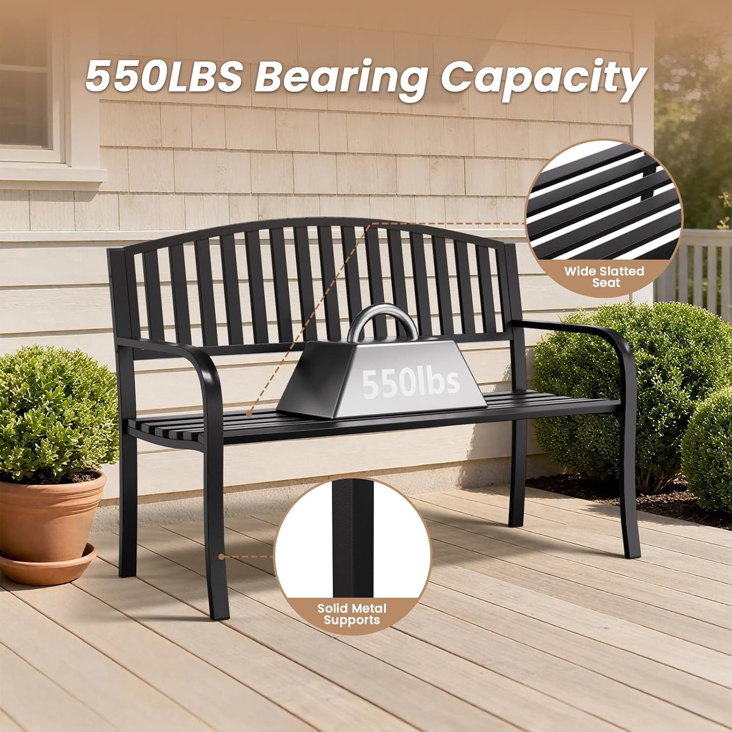 50'' Outdoor Garden Bench, Weatherproof Wrought Iron Metal Patio Bench with Mesh Pattern Backrest, for Front Porch, Park, Yard, Gardens