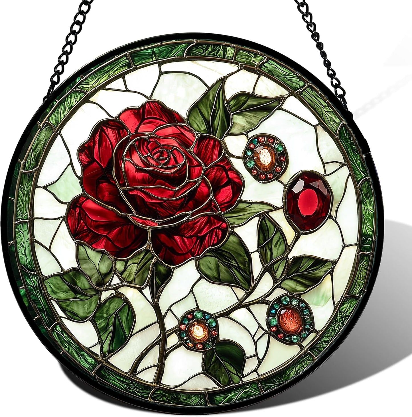 Stained Glass Window Hanging, Red Rose Gemstone Green Sun Catchers Diamond Glass Panel Hangings Suncatcher Decor for Birthday for Women, Men, Wife, Aunt, and Mom 14.9x14.9 in