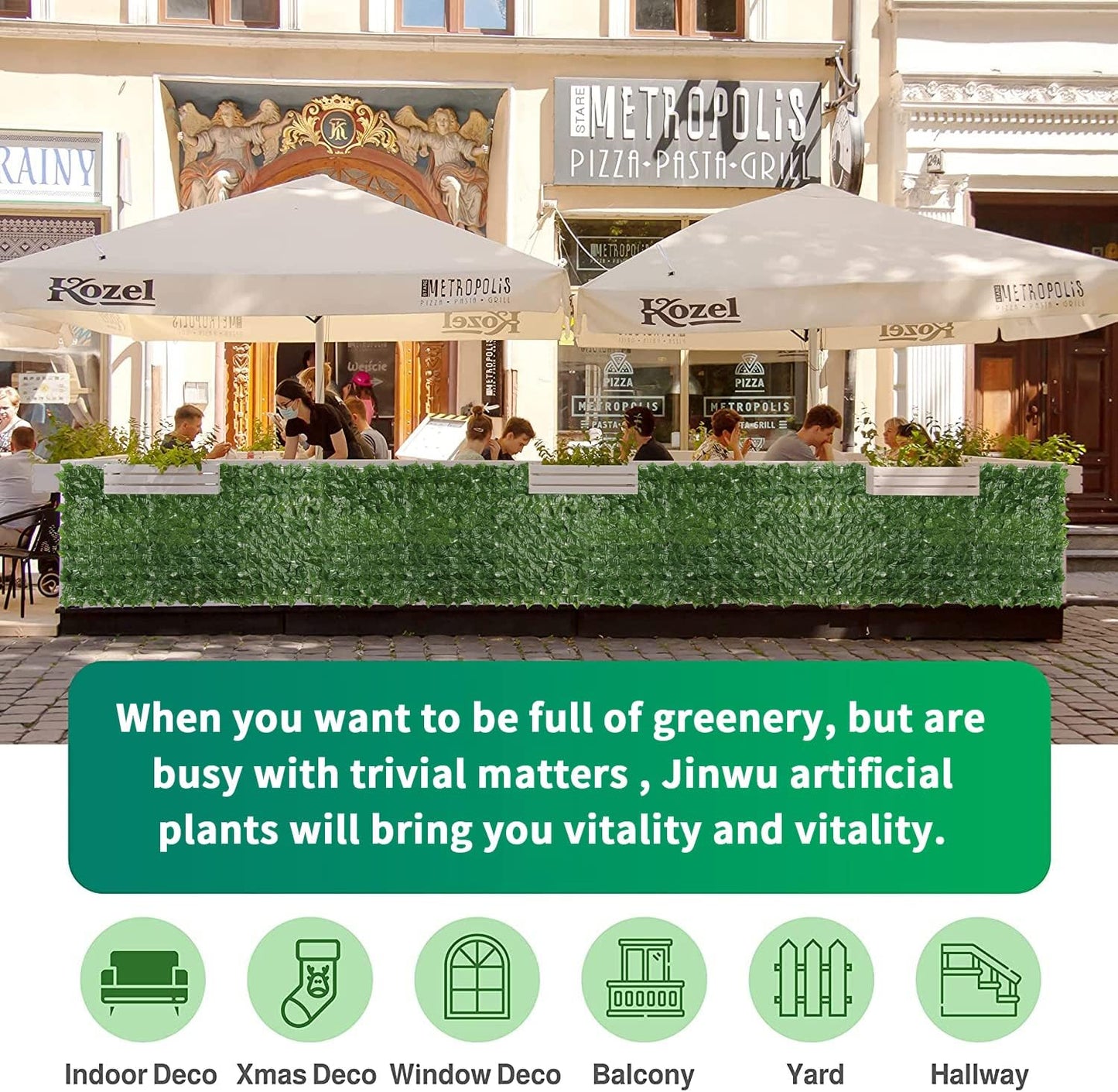 Jinwu Artificial Ivy Privacy Fence Screen (2 Rolls, Total 59x118 inch), Expandable Faux Privacy Fence with 79 pcs Zip Ties, Decoration for Outdoor Garden, Printed Monstera Leaf