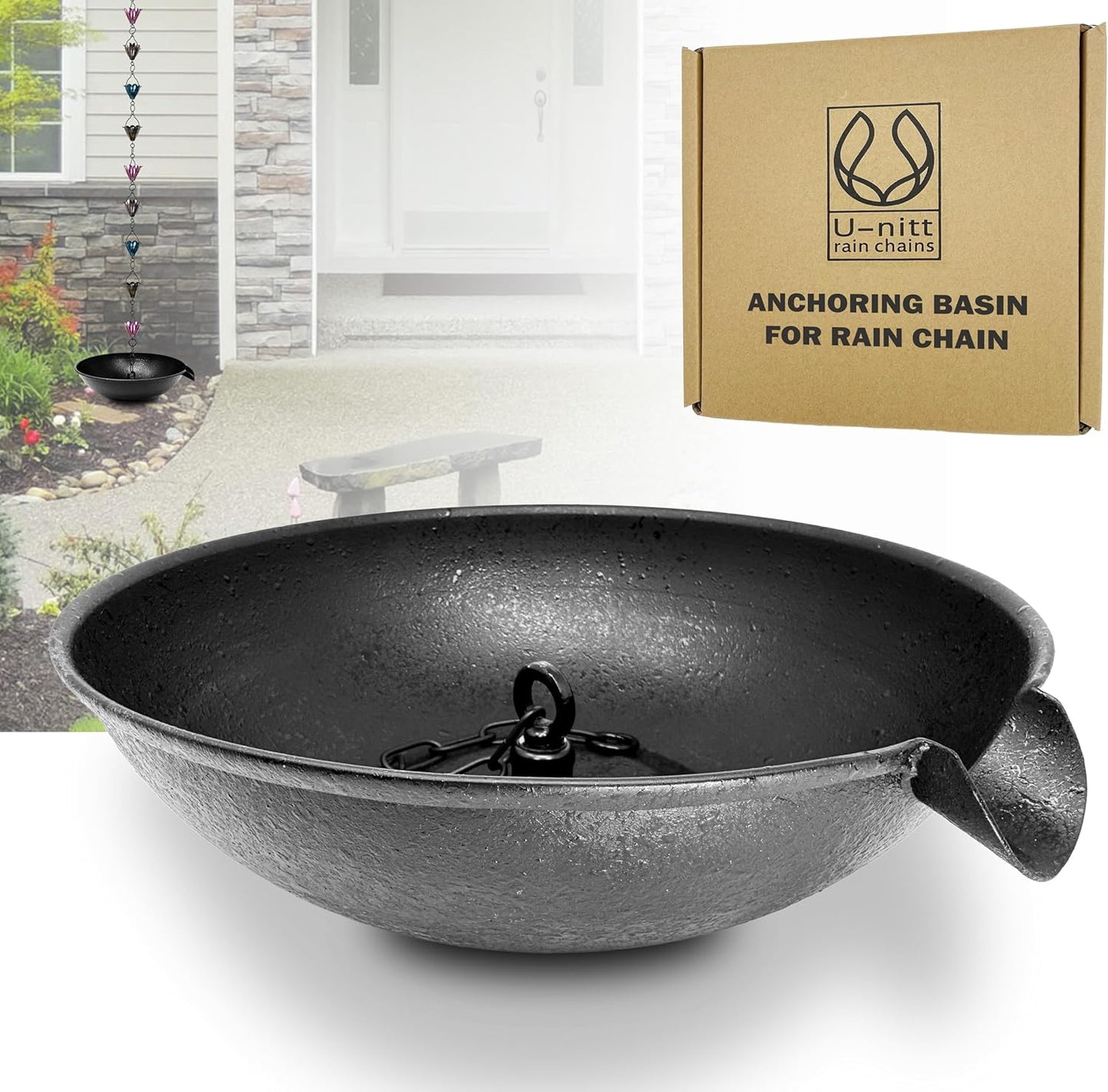 12" Spill Bowl Catch Basin for Rain Chain Anchoring & Stake | Rainwater Collection for Roof Gutter Downspout | Good For Water Fountain & Birdbath | Black | Works with Rainchain | Handles Heavy Rain