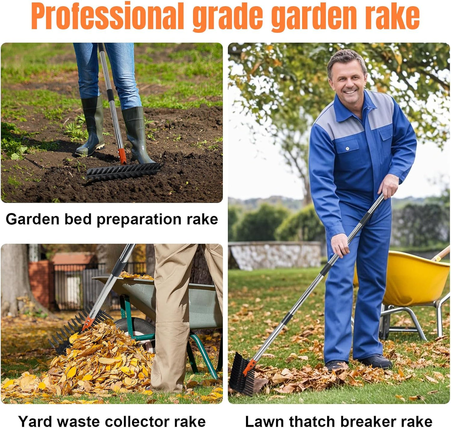 57-Inch Thatch Rake - Professional Dethatcher & Soil Aerator with 15" Steel Tines, Detachable Handle for Lawn Thatching and Compacted Soil Removal