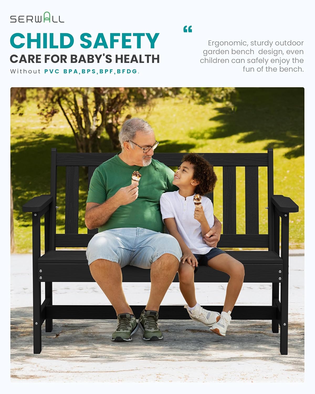 SERWALL Outdoor Bench, HDPE Outdoor Benches Weatherproof, 2-Person Garden Bench with 660 lbs Weight Capacity, Patio Benches for Outdoors, Garden, Porch, Backyard and Park, Black