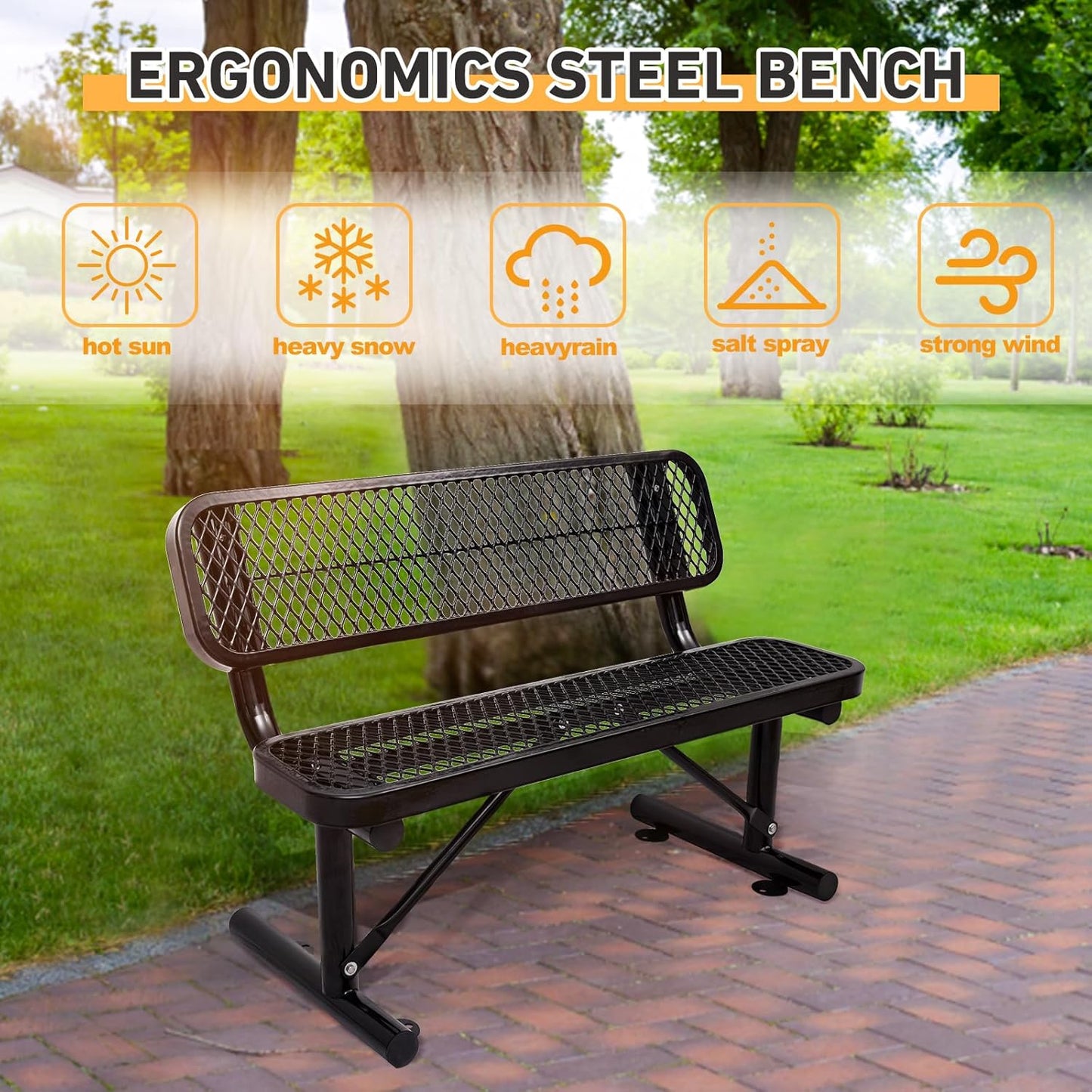Outdoor Garden Bench, Cast Iron Metal Frame Patio Park Bench with Backrest, Portable Expanded Metal Black Bench, Commercial-Grade Outdoor Seating for Lawn, Patio, Park, Yard, Garden (Black, 4FT/48'')