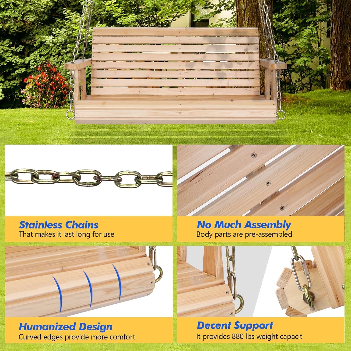 VINGLI Upgraded Patio Wooden Porch Swing for Courtyard & Garden, Heavy Duty 880 LBS Swing Chair Bench with Hanging Chains for Outdoors (Natural, 4 FT)