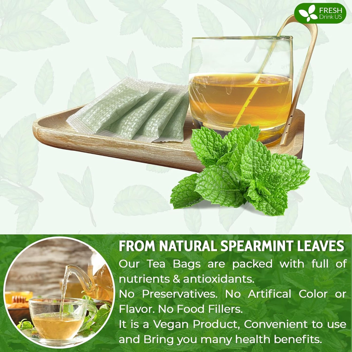 FreshDrinkUS, Premium 120 Spearmint Tea Bags, 100% Natural & Pure from Spearmint Leaves. Loose Leaf Spearmint Herbal Tea. Made with Natural Material Tea Bags. No Sugar, No Caffeine, No Gluten, Vegan.