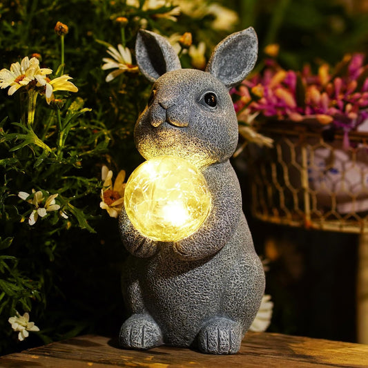 Solar Garden Outdoor Statues Bunny with Gazing Ball - Outdoor Decor Garden Rabbit Statue for Patio, Balcony, Yard, Lawn Ornament - Unique Housewarming Gifts