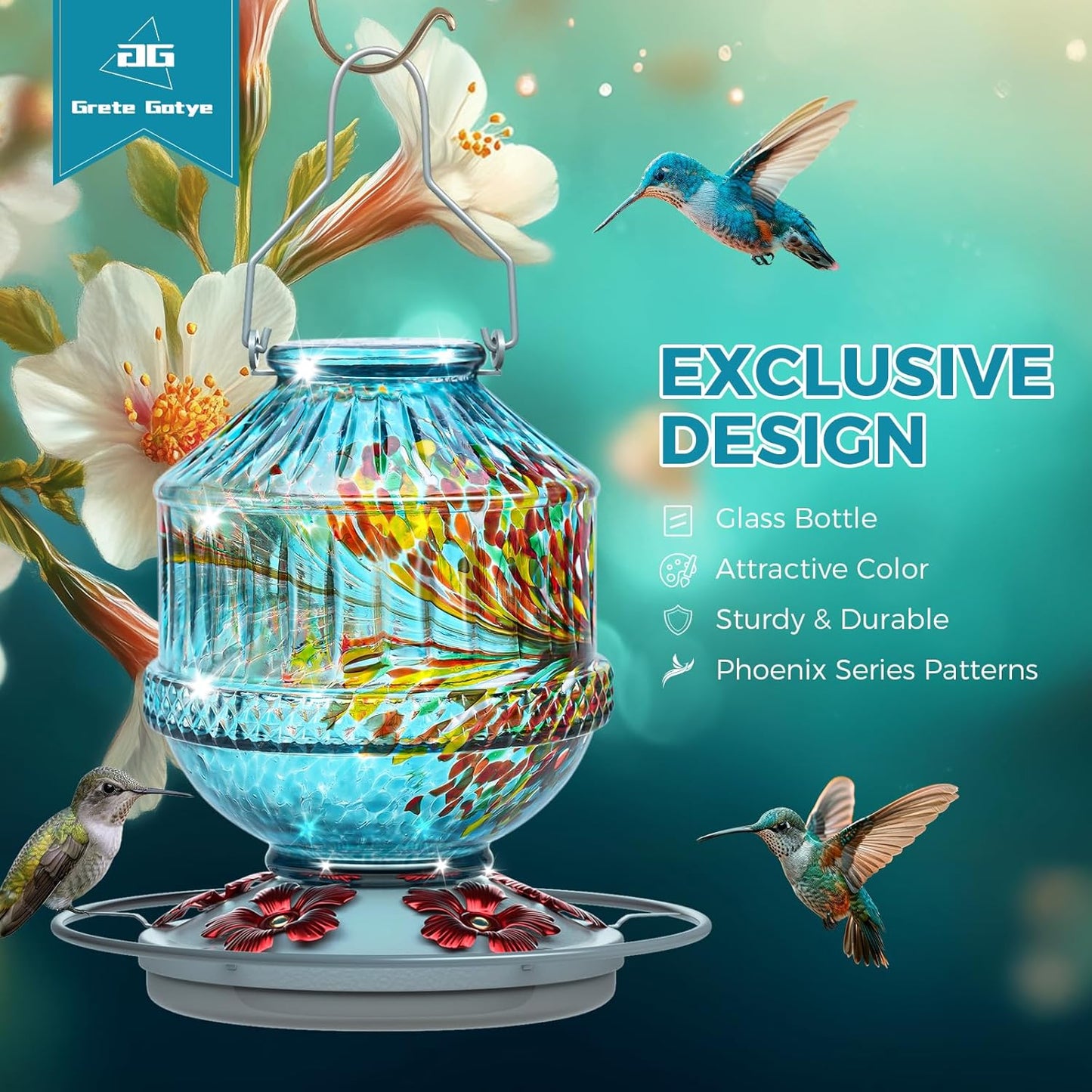 Hand Blown Glass Hummingbird Feeders for Outdoors, 25 Ounces Wild Bird Nectar Feeder with Perch & 5 Flower Feeding Ports Leak Proof Hanging for Garden Backyard Decor, Gifts for Women Mom, Blue