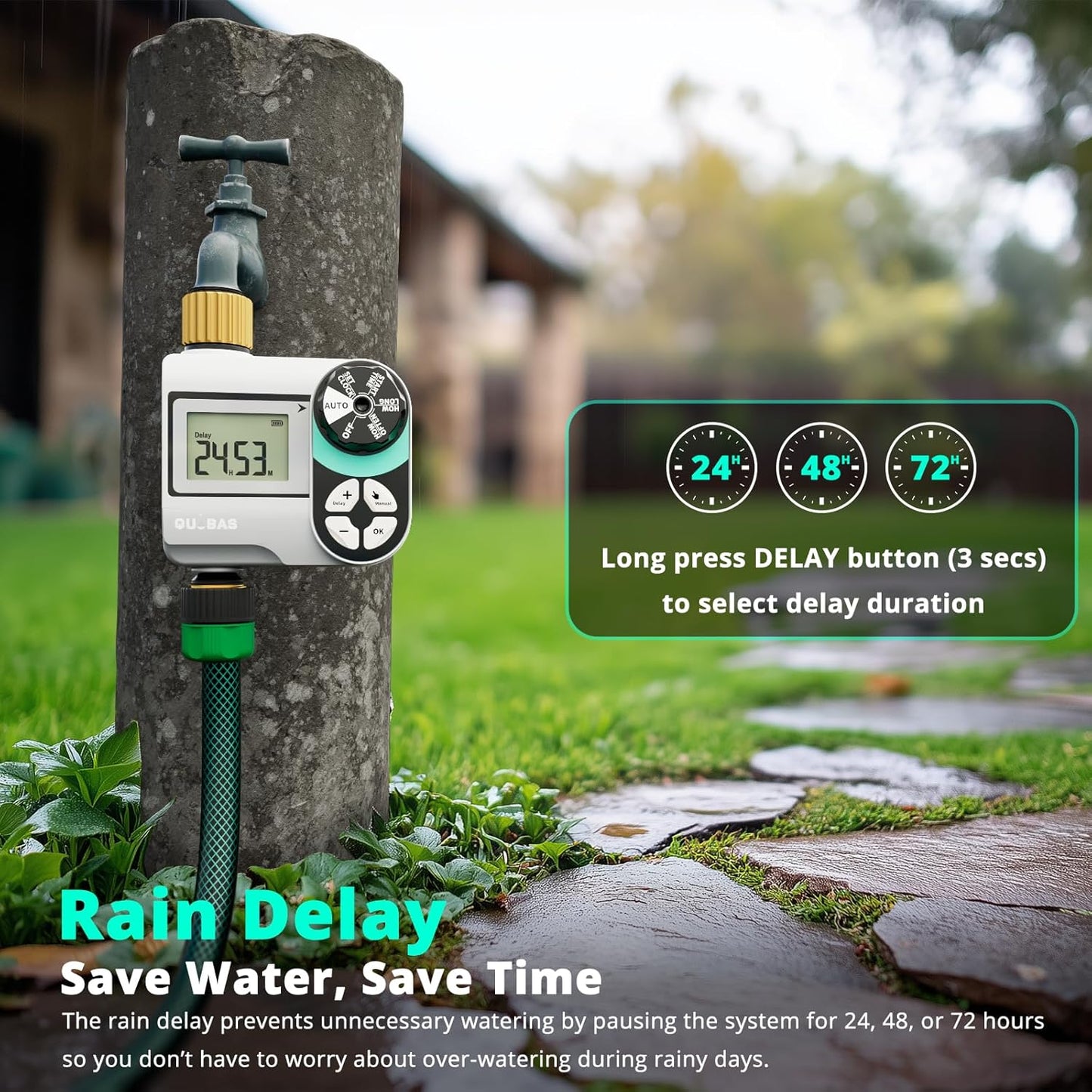 QUOBAS Sprinkler Timer, Programmable Hose Timers with Brass Inlet & Outlet, Water Timer for Garden Hose with Rain Delay/Automatic/Manual Watering System, Digital Drip Irrigation Timers for Yard, Lawn
