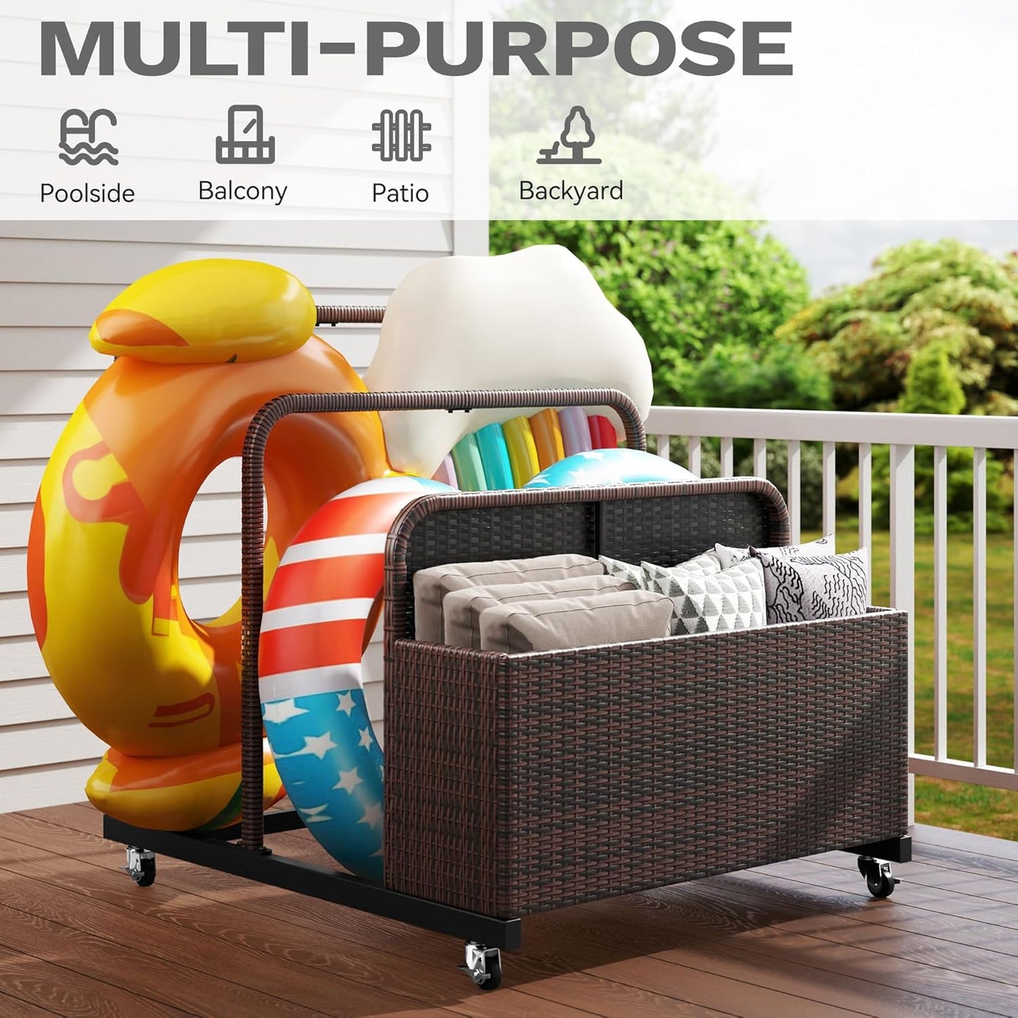 DWVO Pool Float Storage, Pool Storage Bin with PE Rattan,Pool Storage for cushions, Floaties, Noodles, Life Vests, Beach Balls, Patio Furniture (Brown)