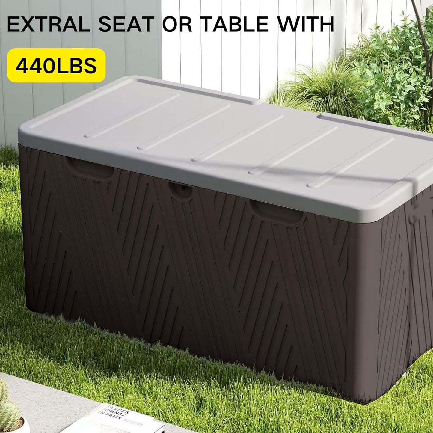 Kingdura 110 Gallon Outdoor Storage Box, Waterproof Resin Deck Box for Indoor and Outdoor Use, Lockable Storage Container for Patio Furniture Cushions Garden Tools (Coffee, 110 Gallon)