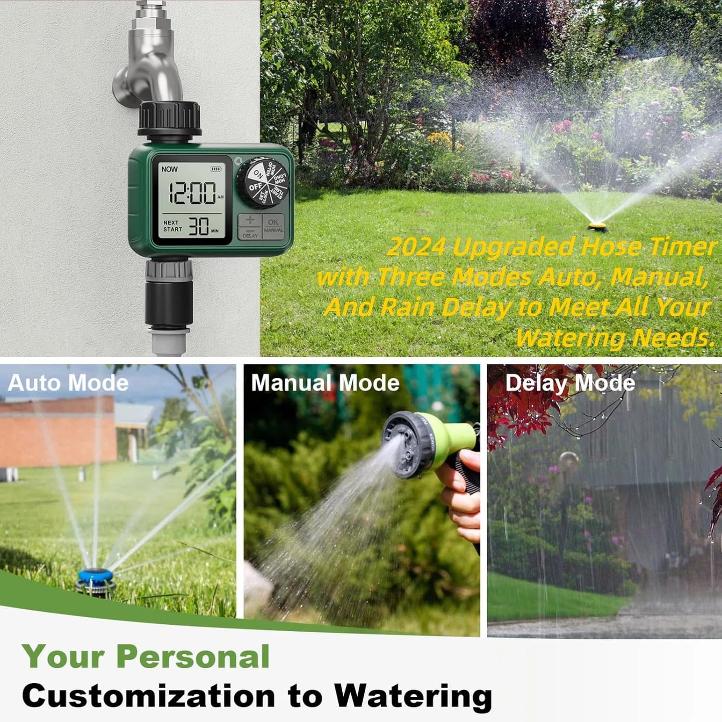 2 Outlet Sprinkler Timer, XinFuture Water Timer, Programmable Garden Hose Timer with Rain Delay, Manual& Automatic Watering System, Waterproof Irrigation Controller for 2 Separate Watering Zones