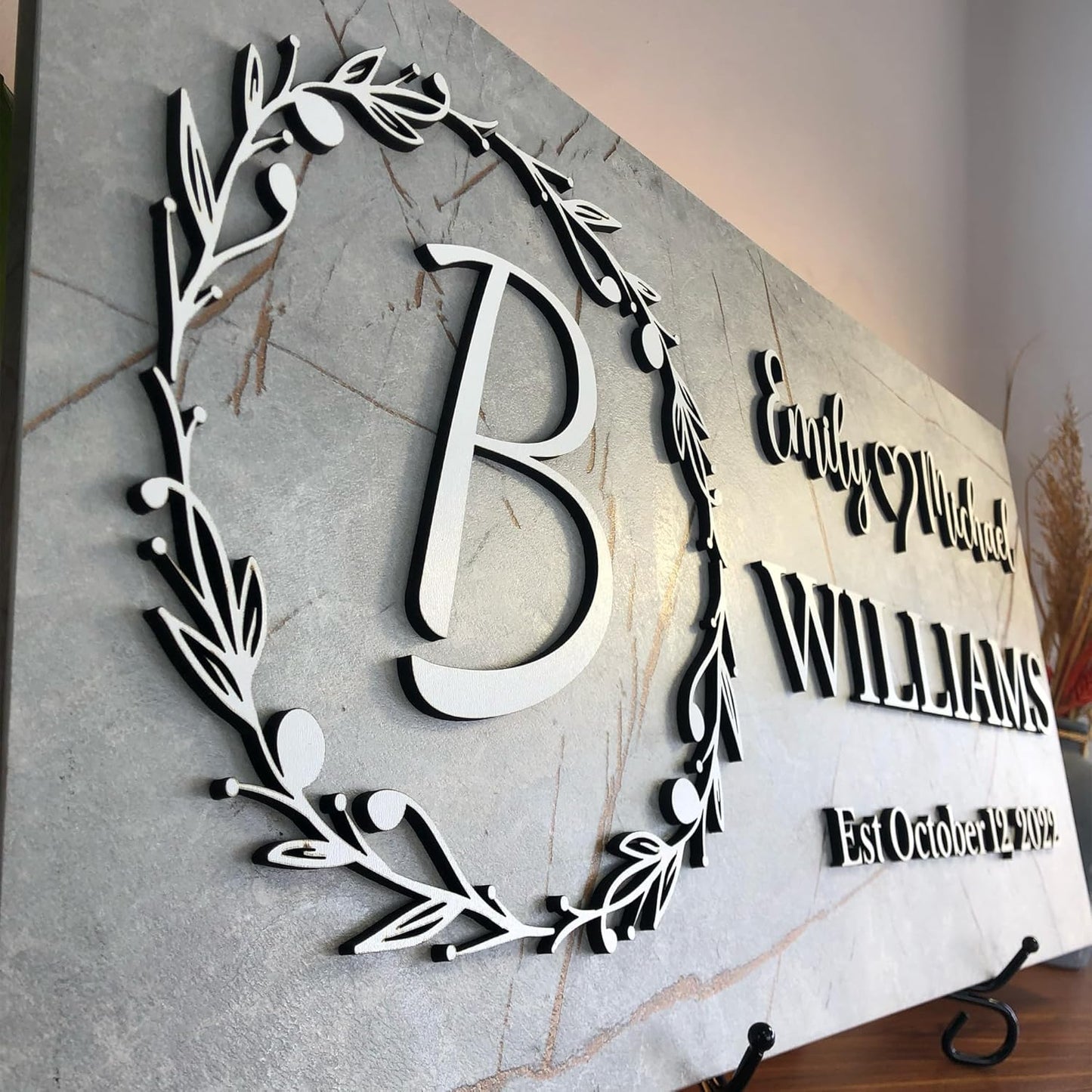 Personalized Monogrammed Family Name Sign with Couple Names, Marble Look Wood Sign, Personalized Wedding Gift, Modern Established Date Wall Decor, Anniversary of Housewarming