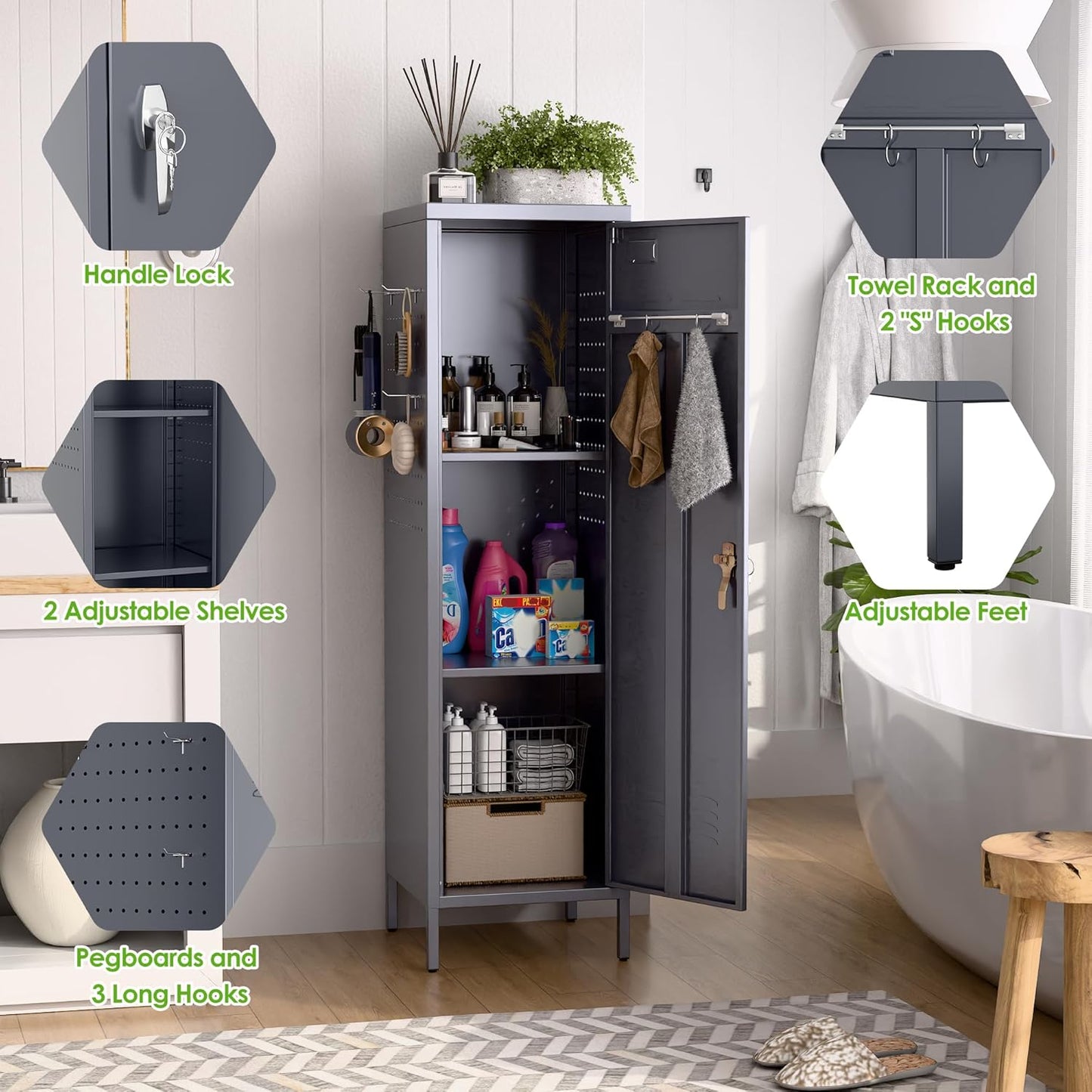 Metal Lockers for Employees with Handle,Metal Storage Locker with 2 Pegboard & 5 Hooks for Gym, School, Office,Home,Garage,Grey