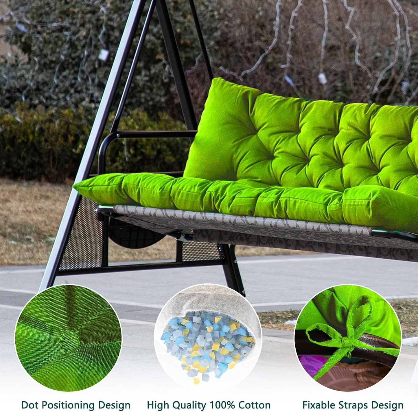 Porch Swing Cushions,Outdoor Cushions 3 Seater Replacement with Backrest, Waterproof Thickened Bench Cushion with Ties for Porch, Patio,Outdoor, Backyard and Garden (Grass Green 60 * 40 in)