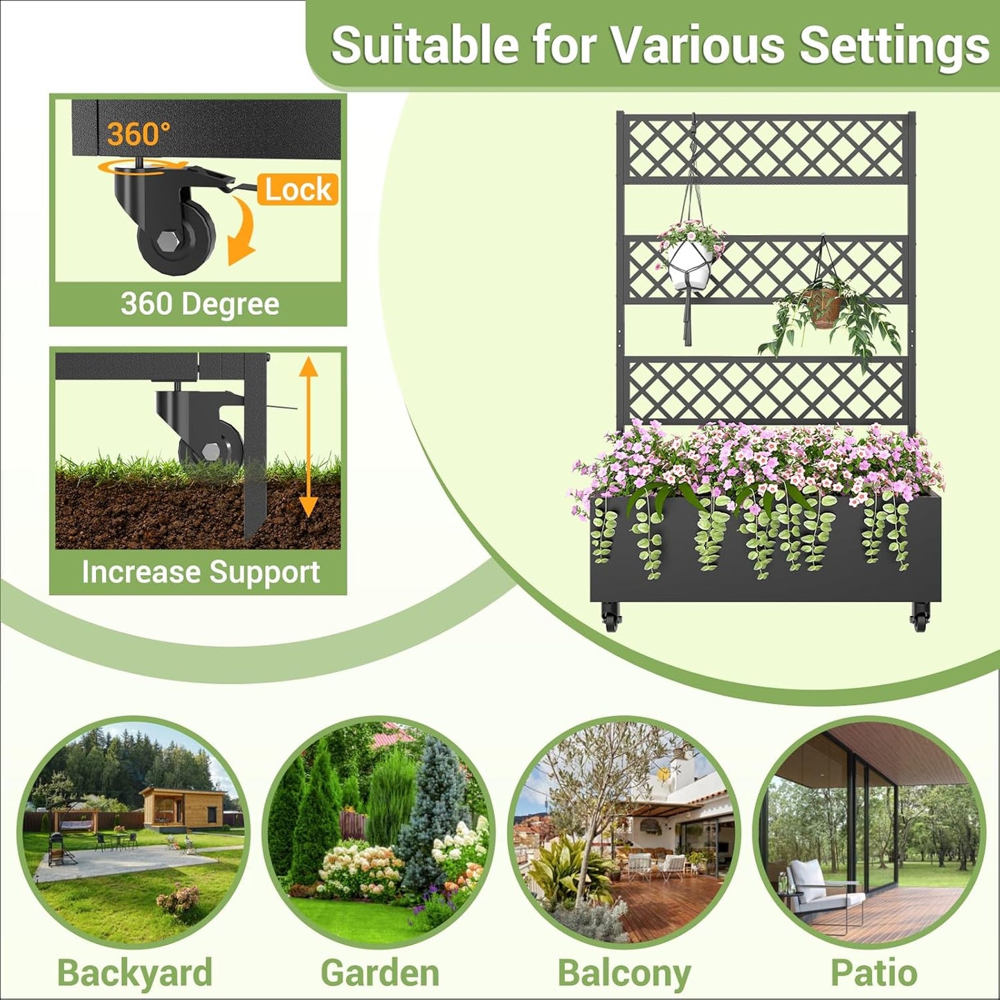 Metal Planter Box with Trellis Privacy Screen, 67"x35"x16" Raised Garden Bed with Trellis, Privacy Planter Boxes, with Planting Bag & Lockable Casters for Climbing Plants,Vegetables,and Vines