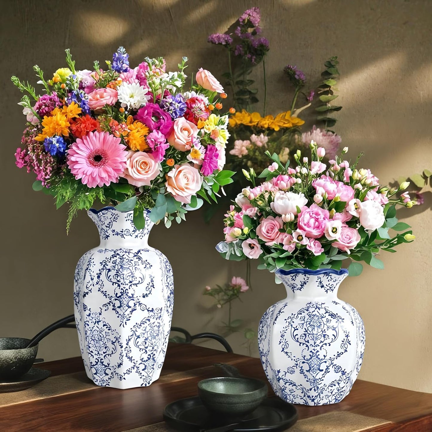 Chinoiserie Vase,Blue and White Vase,Vintage Ceramic Vases,Flower Vase for Centerpiece,Chinese Cute Vases for Living Room, Office,Home Decor (Blue White, Small)