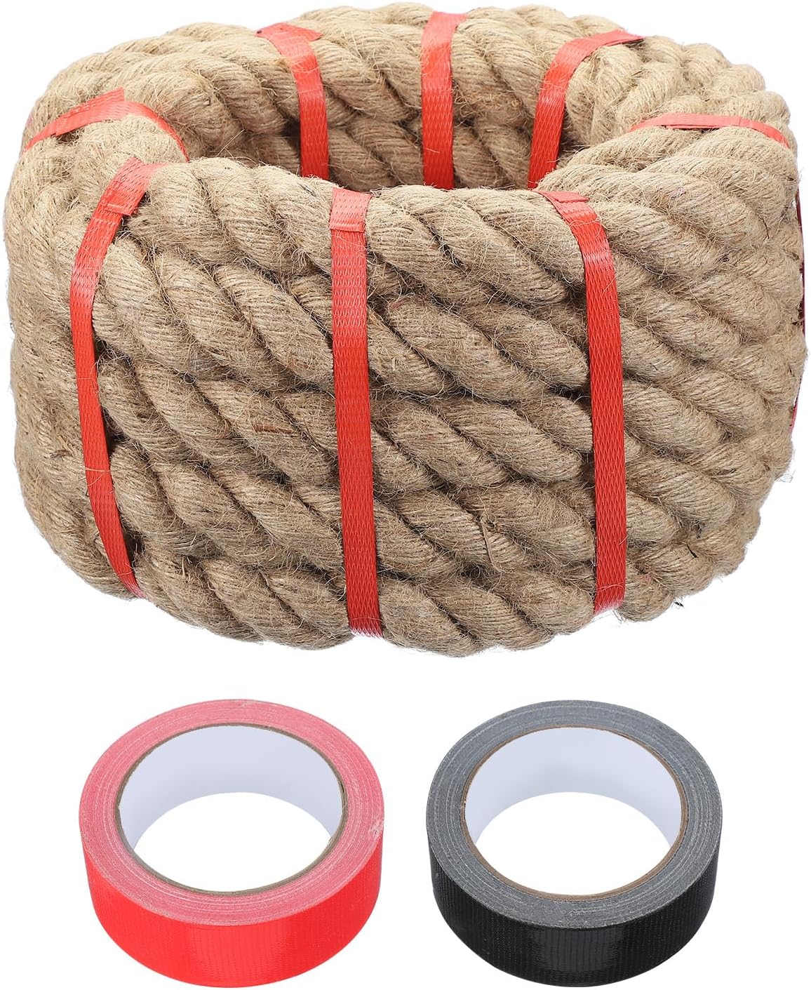 MECCANIXITY Jute Rope 1.5 Inch x 20ft, Thick Twine Rope Ropes Braided Jute Twine Natural Brown Burlap Cord String Heavy Twisted with Tapes for Decorative Crafts Railing Swing Tug of War