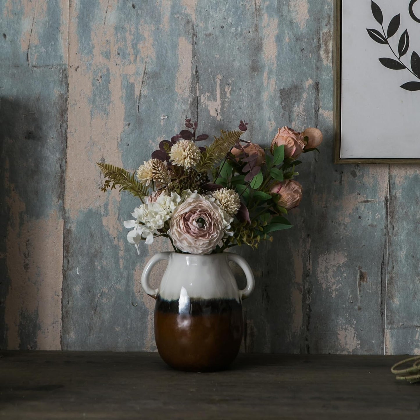 Multi Gradient Ceramic Vase with 2 Handles, Modern Farmhouse Decor, Rustic Terracotta Pottery, Decorative Flower Vases, Clay Small Vase, Centerpiece for Dining Table - 7 Inch Tall