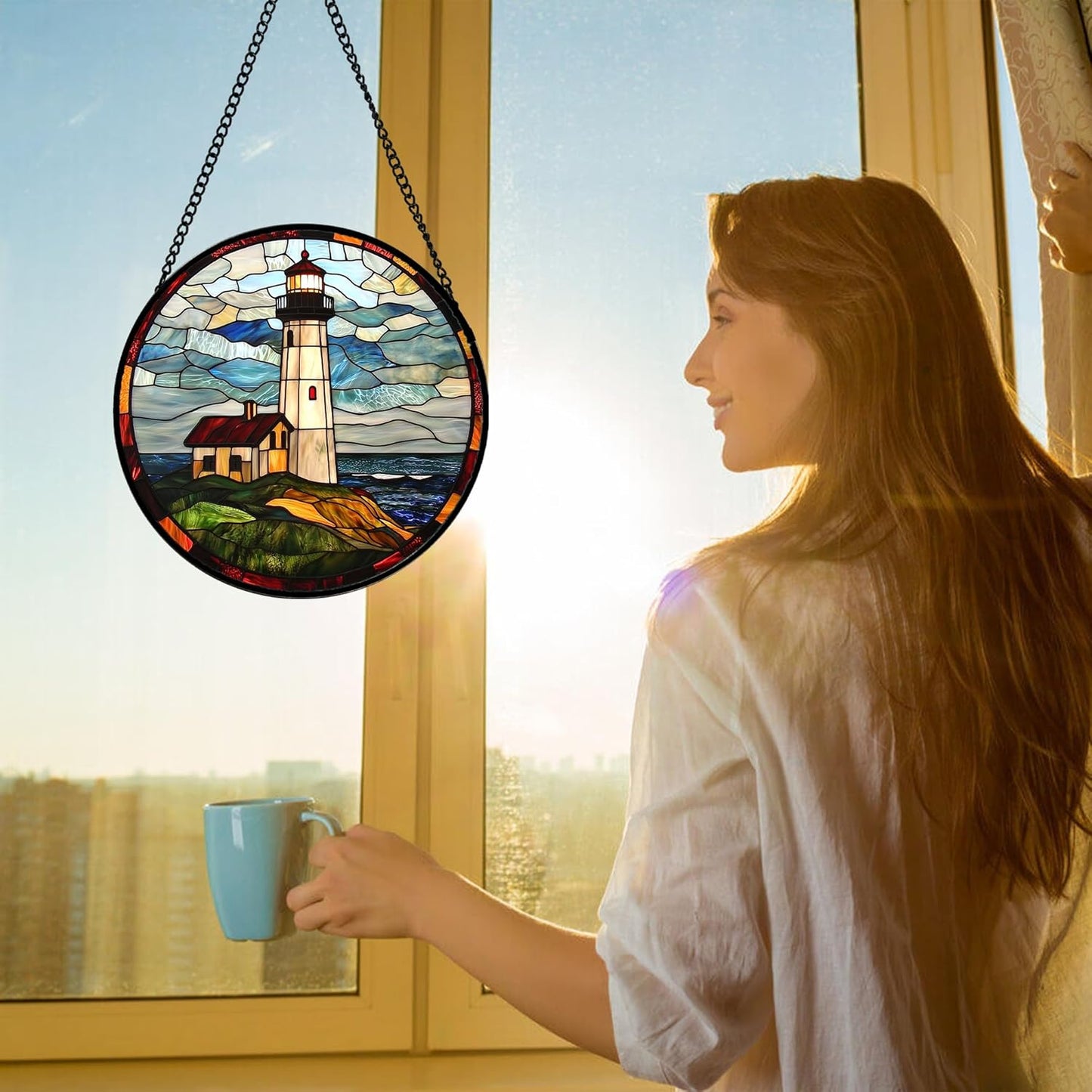 Stained Glass Window Hanging, Ocean Lighthouse Sun Catchers Glass Panel Blue Green Suncatcher Decor for Birthday for Women, Men, Wife, Aunt, and Mom 7.8 in