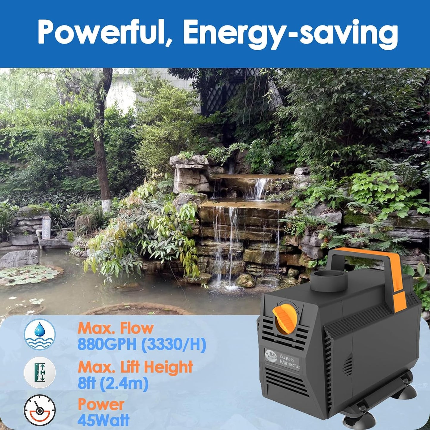 AquaMiracle 880GPH Submersible Water Pump Pond Pump(3330L/H, 45W), Water Fountain Pump Aquarium Water Pump with Flow Control for Fish Tank, Waterfall, Statuary, Filtration, Water feature, Hydroponics
