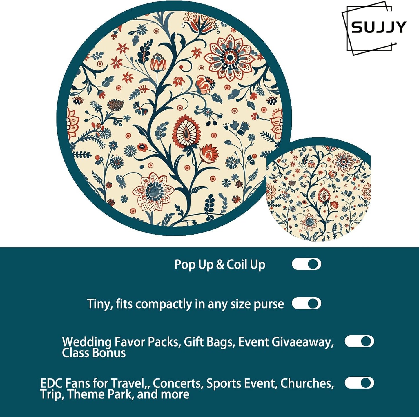 4 Pack Mughal Blooms Foldable Hand Fans, Pocket-Sized Round Fans for Travel, Events, Indoor & Outdoor (Mughal Blooms)