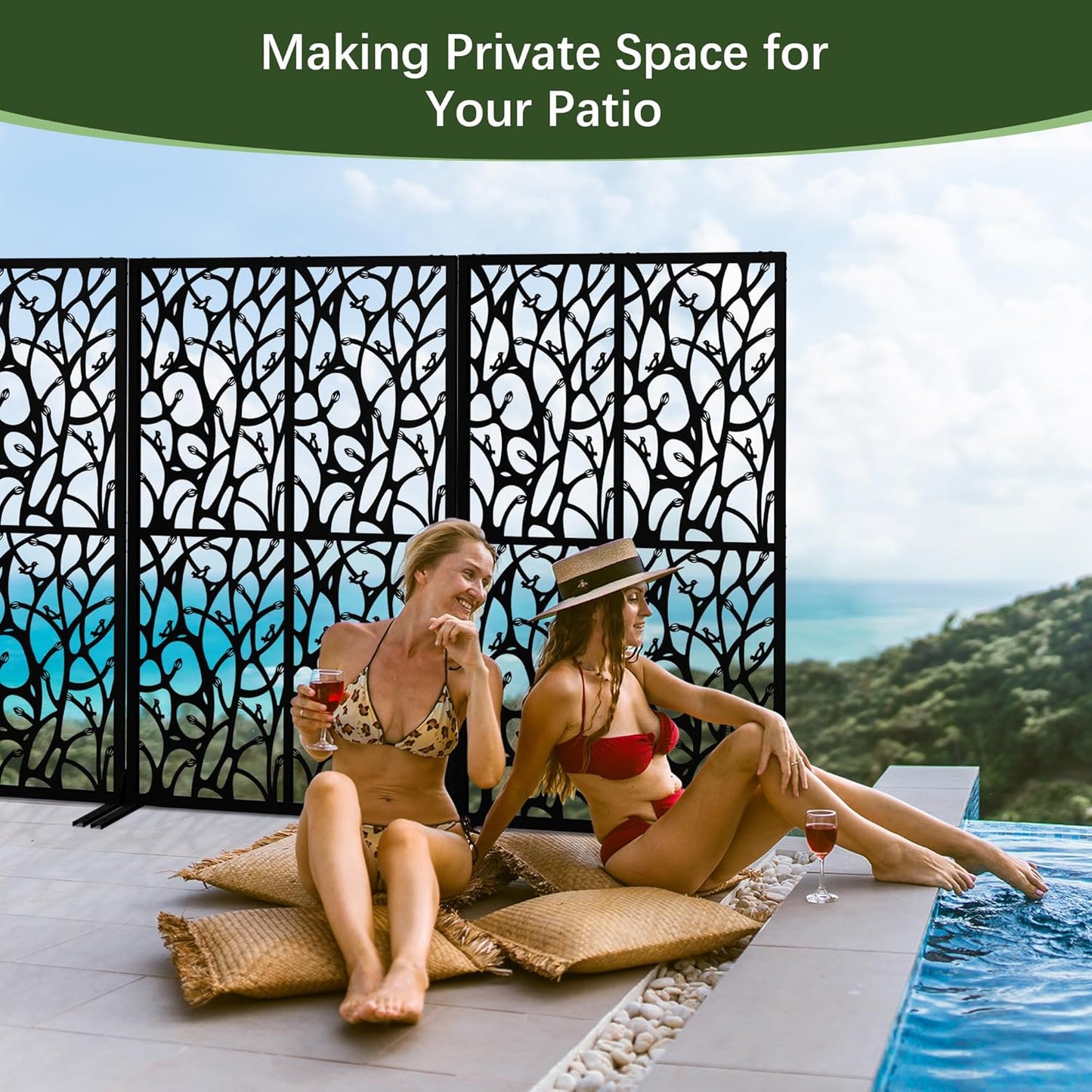 Metal Privacy Screen Outdoor W3.8Ft x H 6Ft Patio Privacy Panels Free Standing Divider Decorative for Balcony Garden Room Lawn Deck (1, Black Bird)