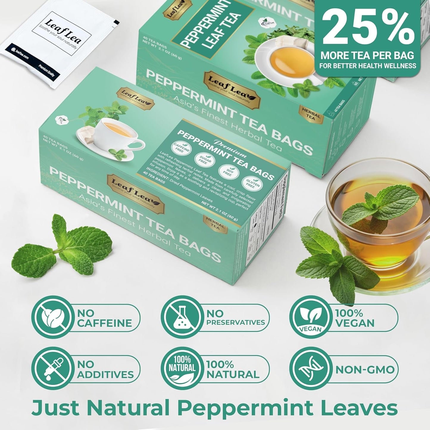 LeafLea 80 Premium Peppermint Tea Bags, 100% Natural Peppermint Leaf Tea, Te de Menta for Soothing Throat & Refreshing Breath, Light and Smooth Flavor, Caffeine-Free, Sugar-Free, Individually Wrapped