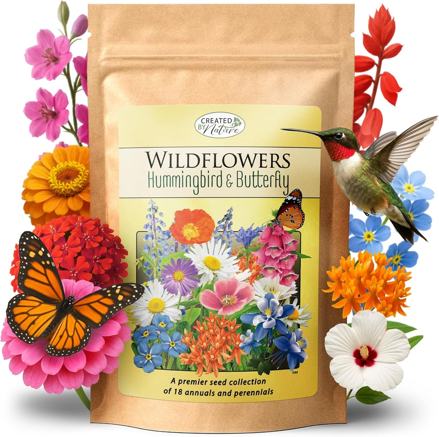 Created By Nature Hummingbird & Butterfly Wildflower Seed Mix, 18 Varieties, 60,000 Wildflower Seeds