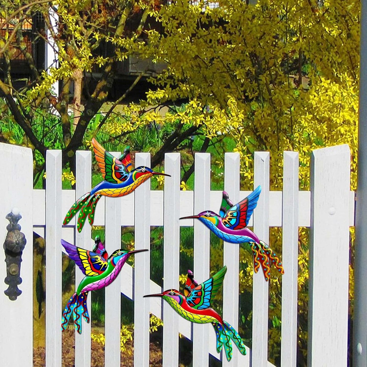 ZYP Metal Outdoor Wall Art Decor,3D Colorful Garden Birds Sculpture Outdoor Iron Hanging Decor Ornaments, Metal Hand-made Bird Wall Art Decorations for Fence Patio Balcony Living Room,Hummingbird