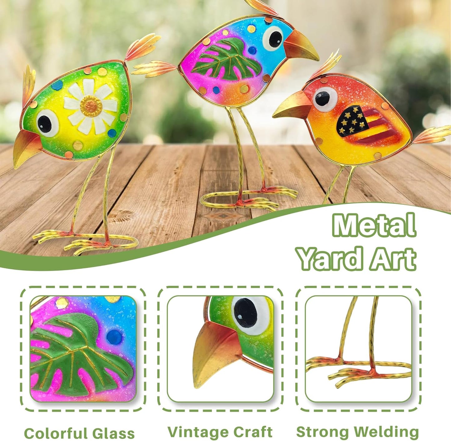 Birds Garden Decor for Outside: Metal & Glass Bird Yard Art, Craft Statue Lawn Ornaments for Outdoor, Housewarming Birthday Gifts for Women (3 PCS)