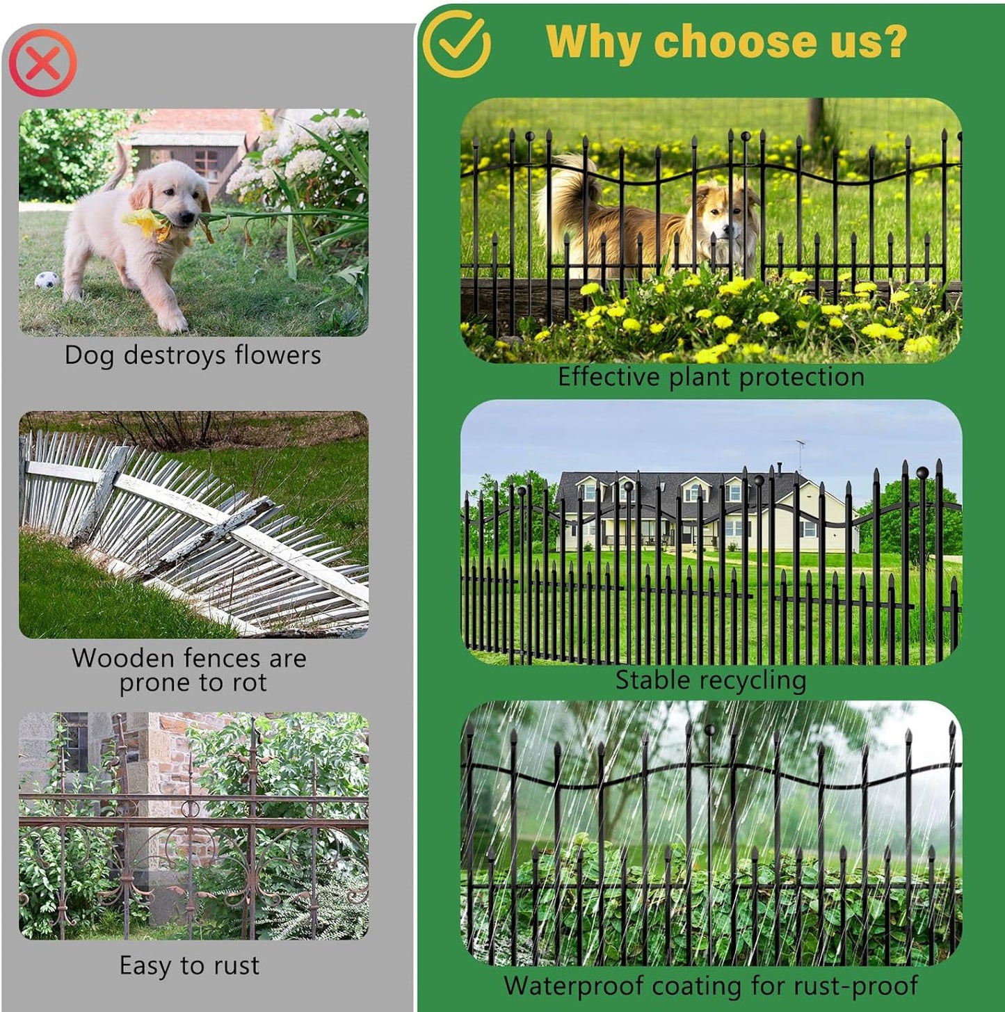 8 Panels No Dig Decorative Garden Fence with Gate, 40in(H) × 17.6ft(L) Heavy-Duty Rustproof Metal Panels, Outdoor Dog Barrier for Yard & Patio, Landscape, Border| Portable Temporary Fencing