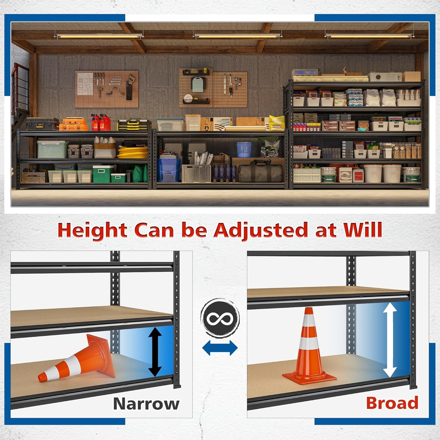 59.8"W Garage Shelving 72"H Storage Shelves 2750LBS Metal Shelving Heavy Duty Garage Shelves Adjustable 5 Tier Metal Shelf for Basement Warehouse Pantry Supermarket 59.8"W x 24"D x 72"H