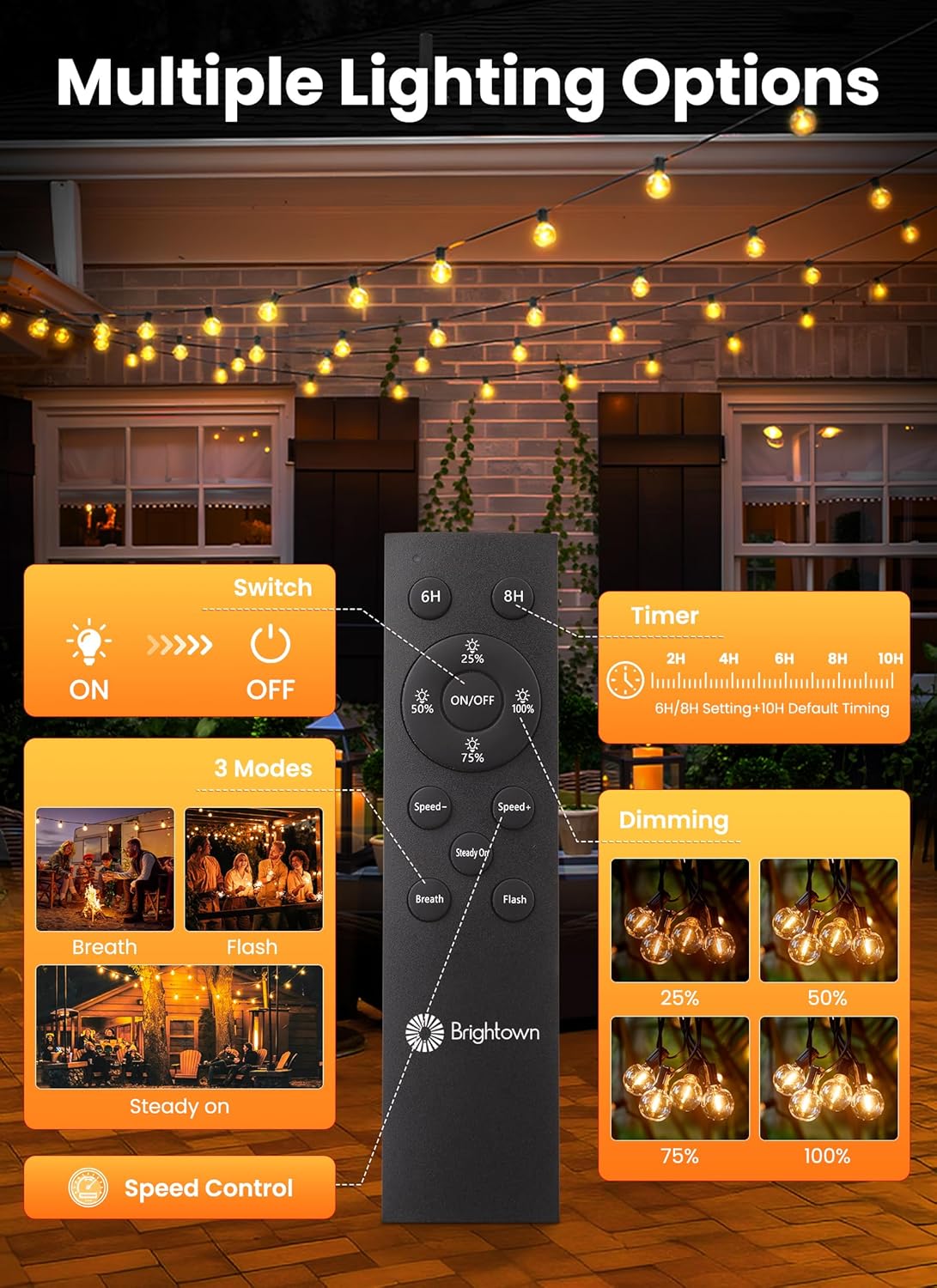 Brightown 208FT Solar String Lights Outdoor with Remote and 102 LED Shatterproof Bulbs, Dimmable & Timable, 3 Light Modes, Solar Patio String Lights Outdoor for Cafe, Garden, Deck, Outside Wedding