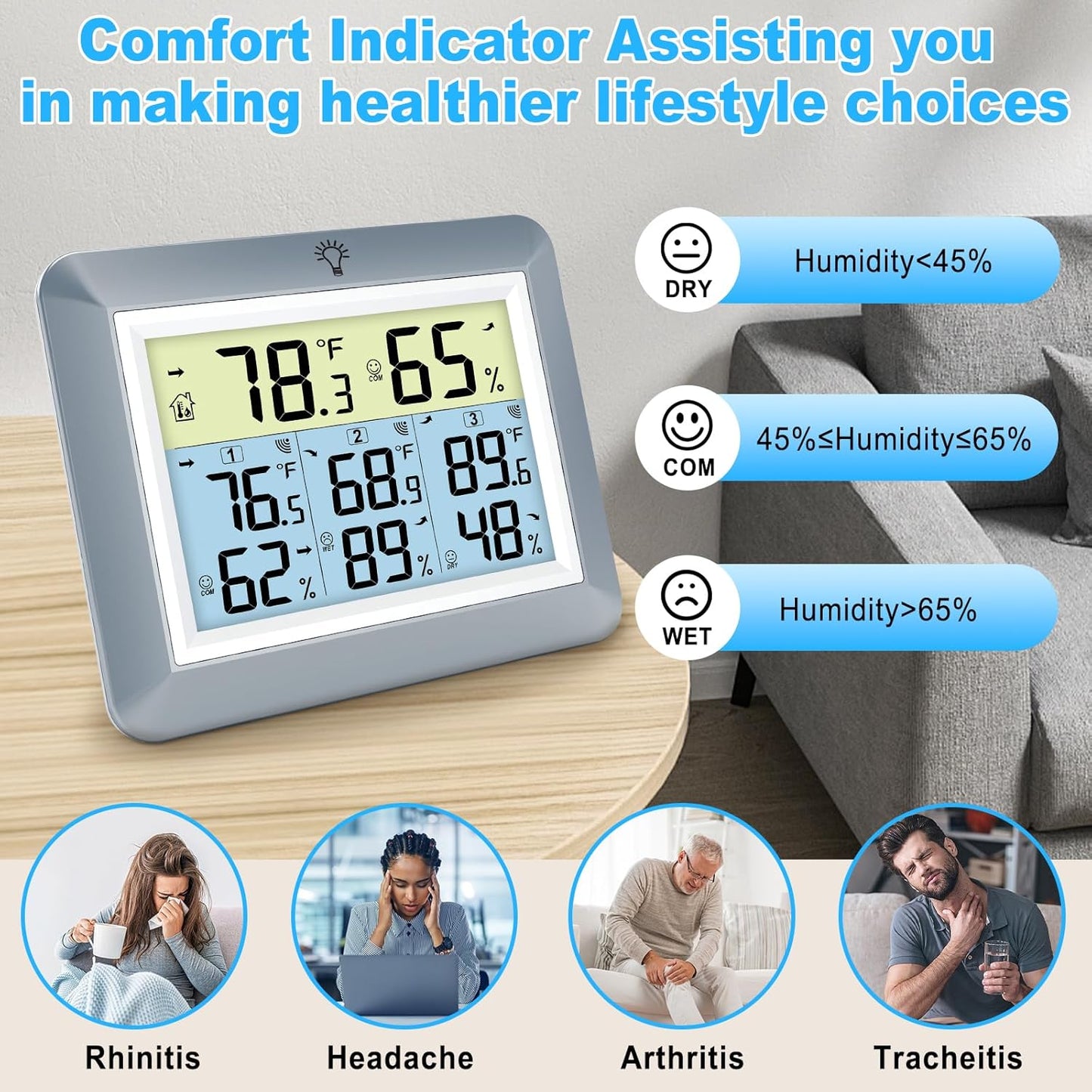 Urageuxy Weather Station Wireless Indoor Outdoor Thermometer with 3 Sensors, Remote Temperature Monitor with Humidity for Home, Baby Nursery, Room, Attic, Patio, Grey