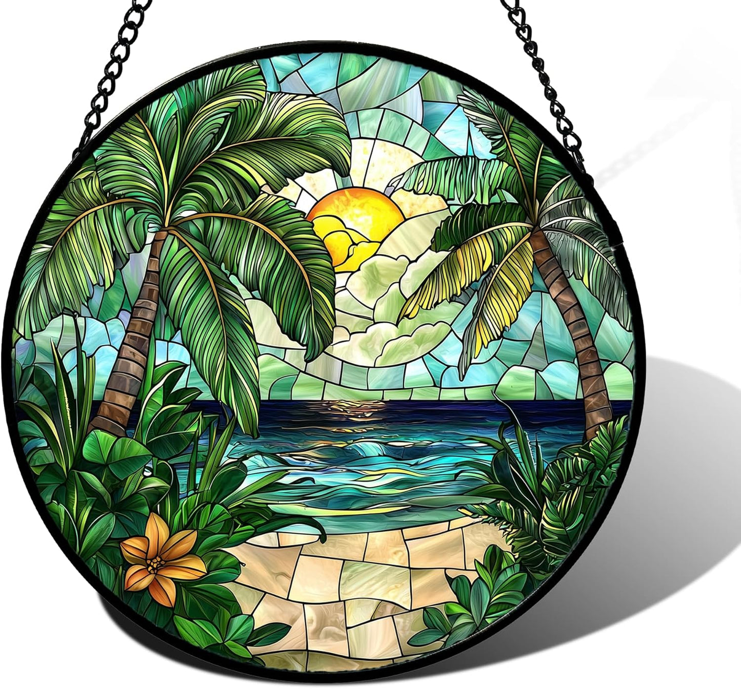 Stained Glass Window Hanging, Green Beach Scenery Suncatcher Diamond Glass Panel Hangings Sun Catchers Decor for Birthday for Women, Men, Wife, Aunt, and Mom 6.3 in