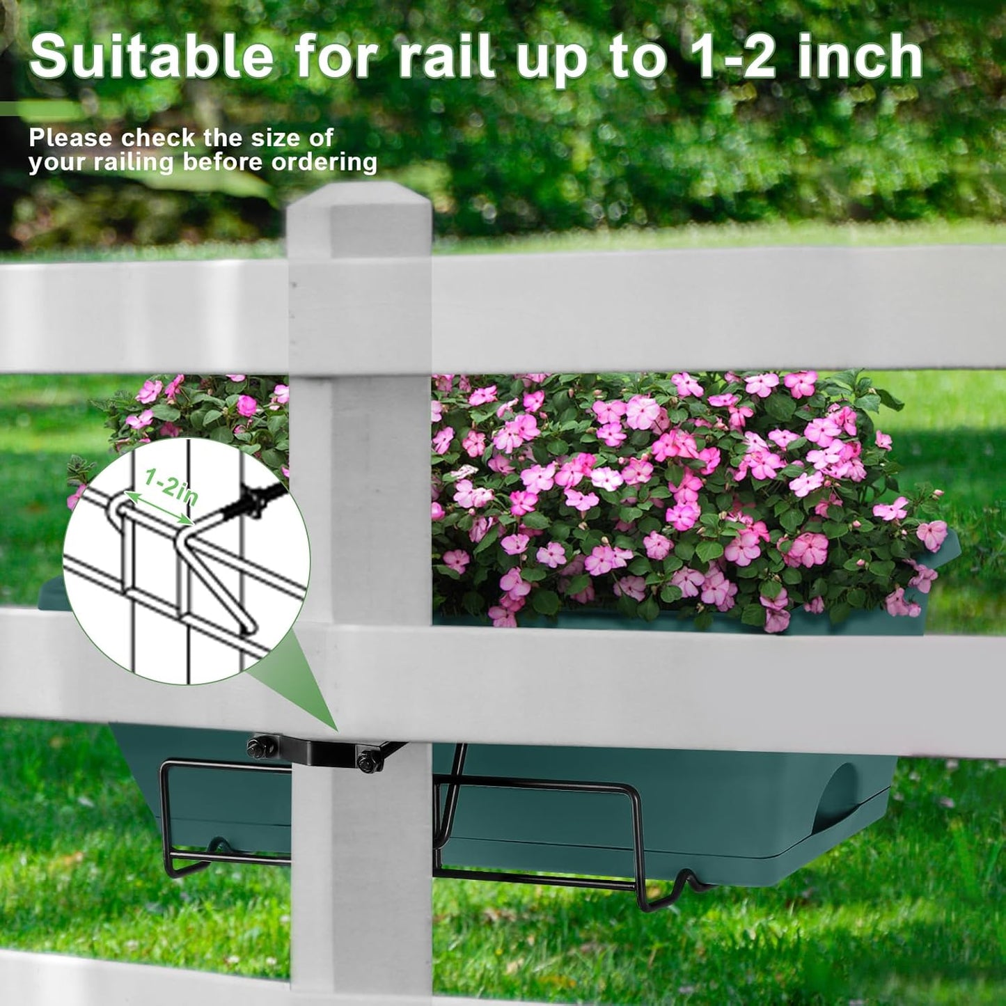 HAITRAL Railing Planter Boxes (16.9 Inch, 6 Pack) Green Plastic Deck Rail Planters for Outdoor Plants, Hanging Window Boxes with Drainage Tray for Over Rail Porch Fence,Balcony & Home Decor
