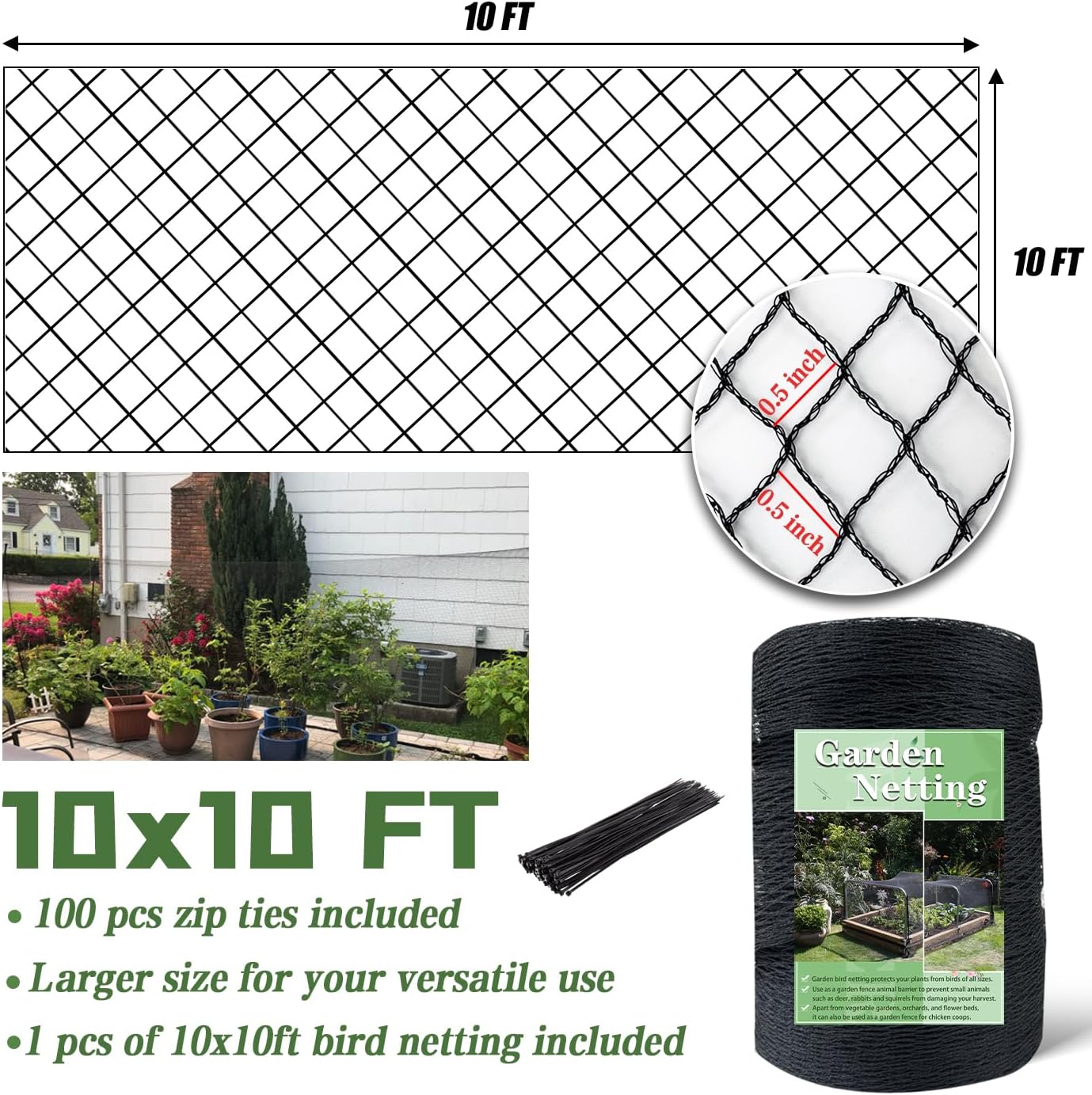 Bird Netting，10 x 10 FT Garden Netting Bird Net for Chicken Coop, Poultry Netting Fence for Fruit Trees, Plants and Vegetables Against Birds, Deer, Squirrels and Other Animals