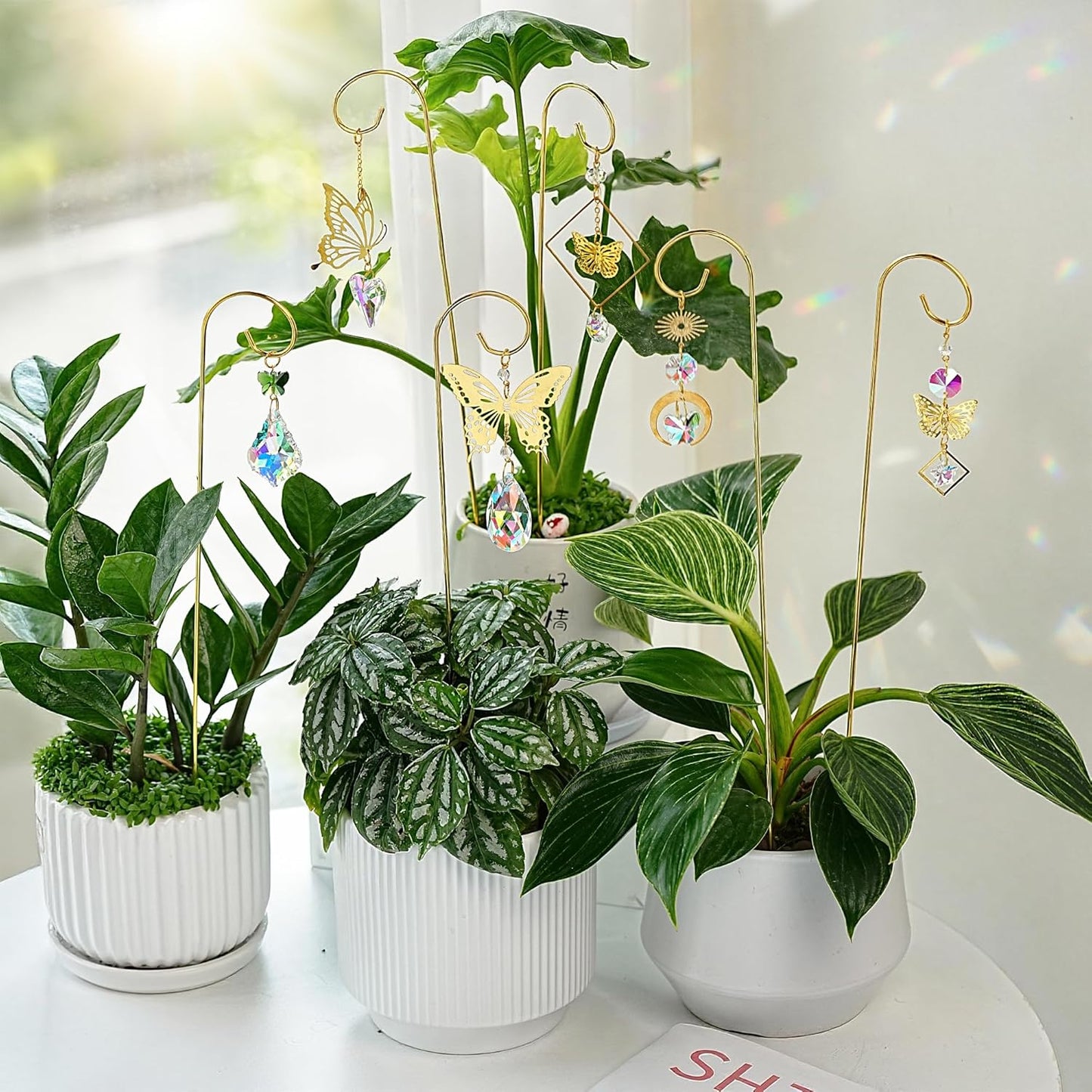 HDCRYSTALGIFTS 6pcs Crystal Butterfly Suncatchers with 13'' Gold Trellis for Mini Potted Plants Decorations, Garden Indoor Plant Accessories Fairy Garden Sun Catchers, Plant Lover Gift