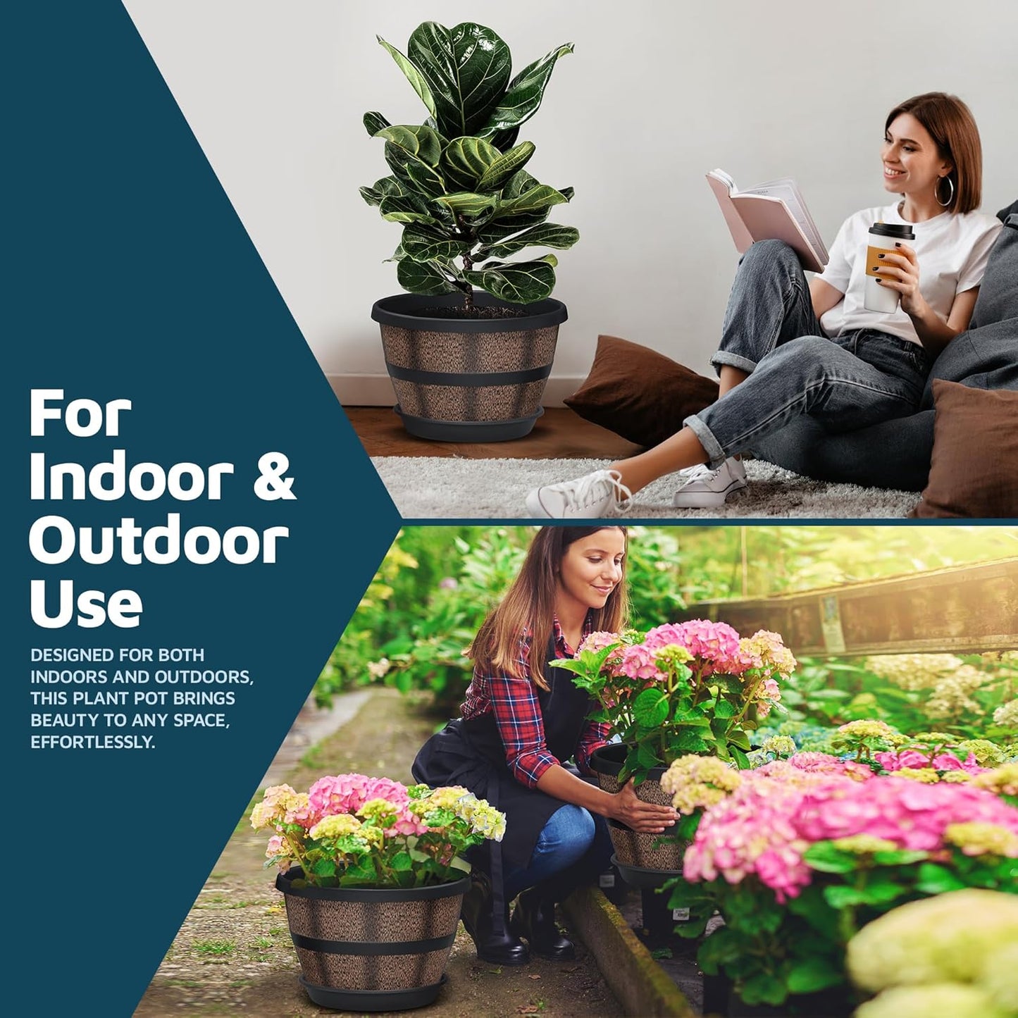 10-Inch Whiskey Barrel Planters Outdoor Pack of 20 - Durable Plastic Plant Pots for Indoor & Outdoor Use with Drainage & Saucer, Lightweight Rustic Barrel Planters for Flowers, Herbs & Small Plants