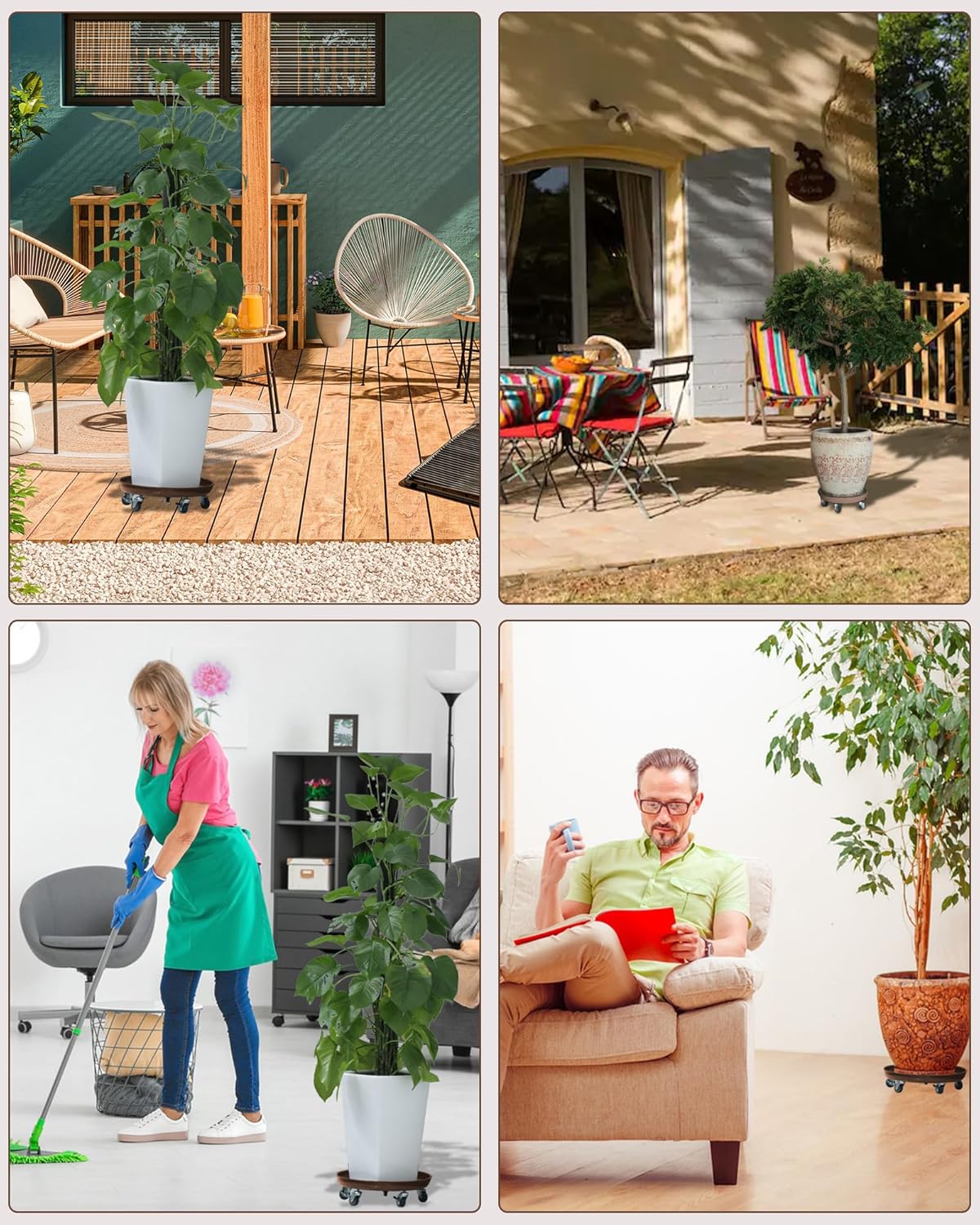 Heavy Duty Plant Caddy with Solid Rubber Wheels, Lockable, Increased Load Capacity, One-Minute Installation, Suitable for Indoor, Outdoor, Patio, Garden Settings, 14 Inches 3PACK, Brown