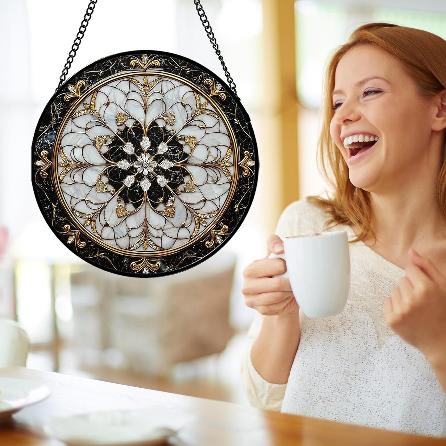 Stained Glass Window Hanging, Black and White Gold Boho Pattern Suncatcher for Doors Window Home Abstract Flower Sun Catchers Decor Mother's Day Birthday Gifts for Women, Men Mom 9.8 in