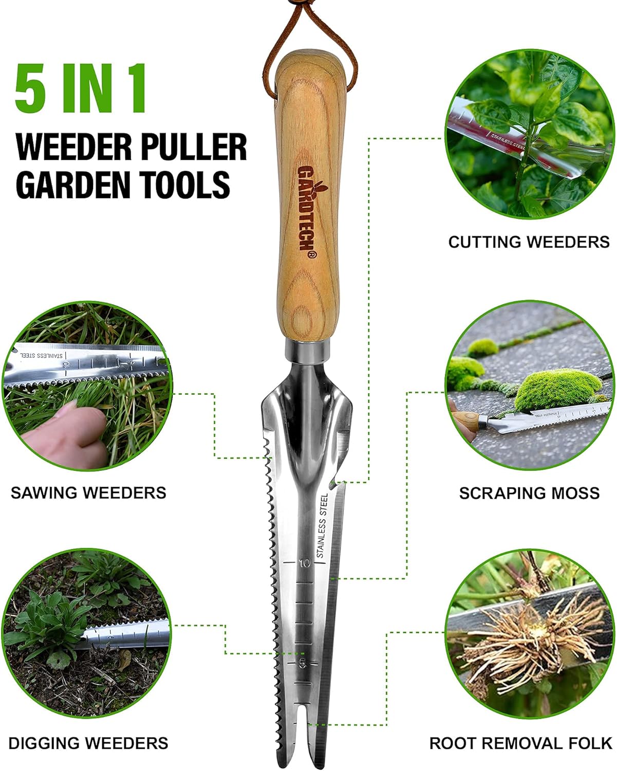 Gardtech Garden Tool Set, 5 Pcs Gardening Tool Set with Weeder Puller, Dibber, Transplanter, Big Trowel, 5-Claw Cultivator - Wooden Handle Heavy Duty Stainless Steel Gardening Hand Tools