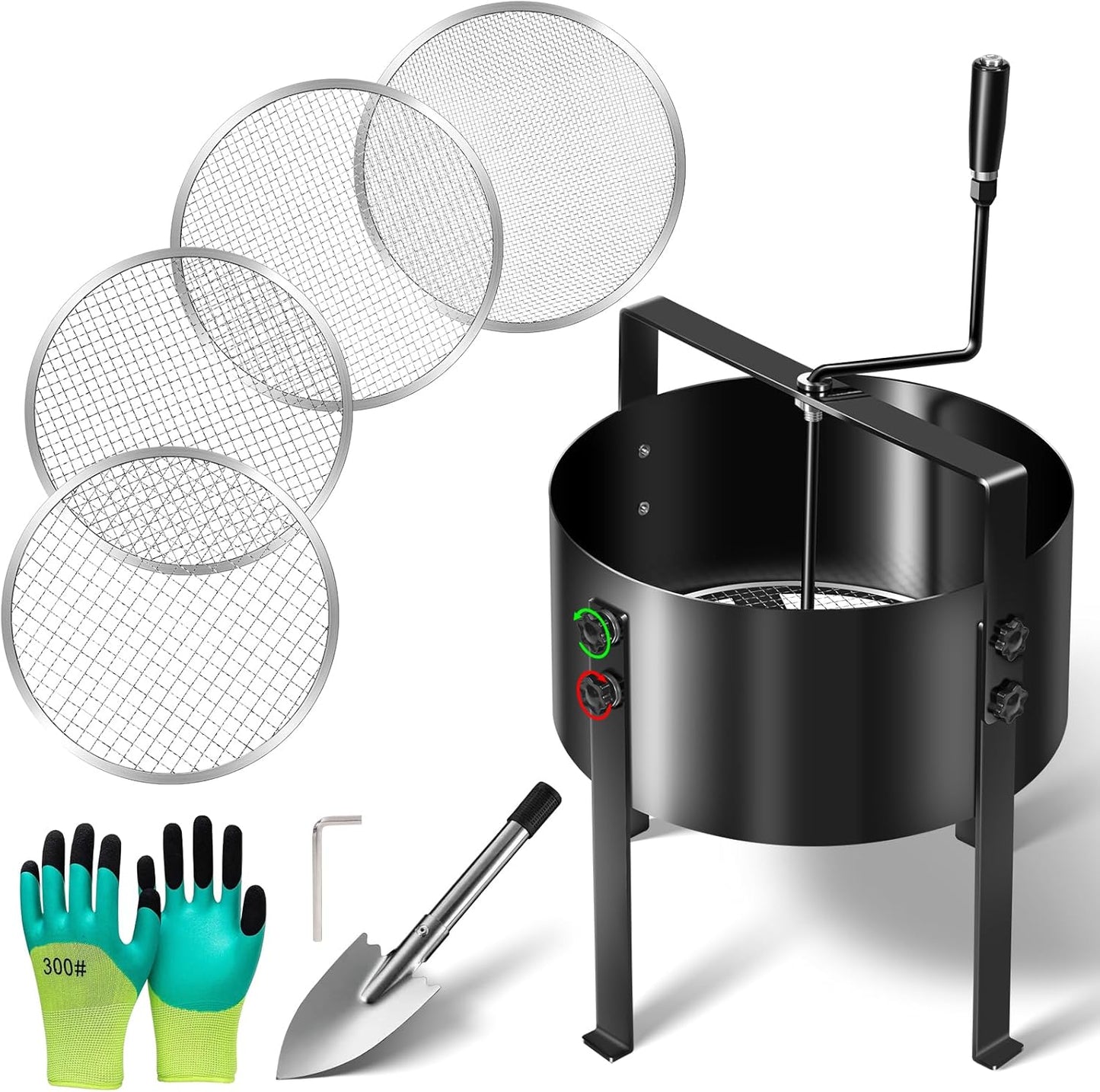 Upgraded Rotary Soil Sifter, Dirt Sifter with 4 Replaceable Garden Sieve 0.12/0.24/0.35/0.47 Inch Soil Screen, Rock Compost Bin for Garden
