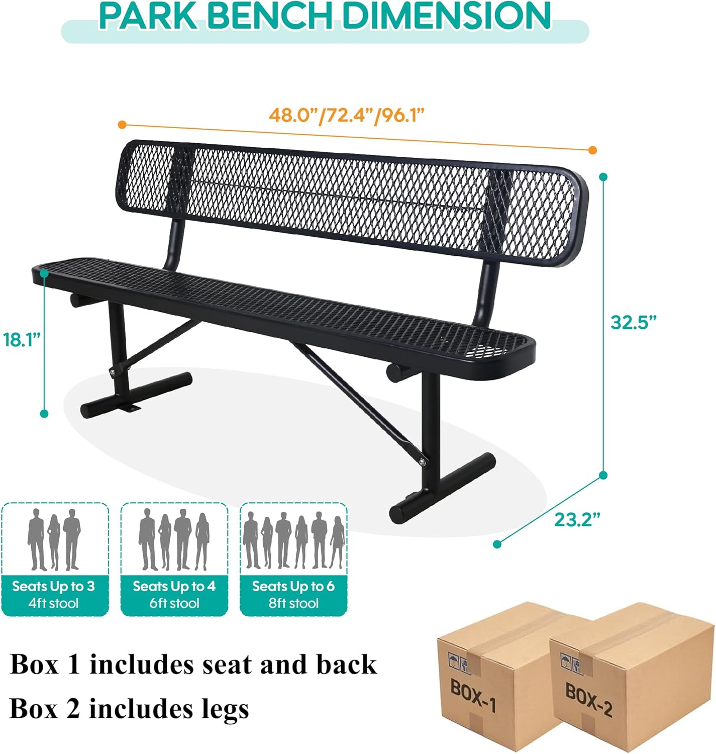 8 Feet Heavy Duty Metal Park Bench for Outside, Outdoor Bench with Backrest & Portable Frame, Commercial Benches for Shopping Malls, Stores, Parks, Patios, Decks, Black