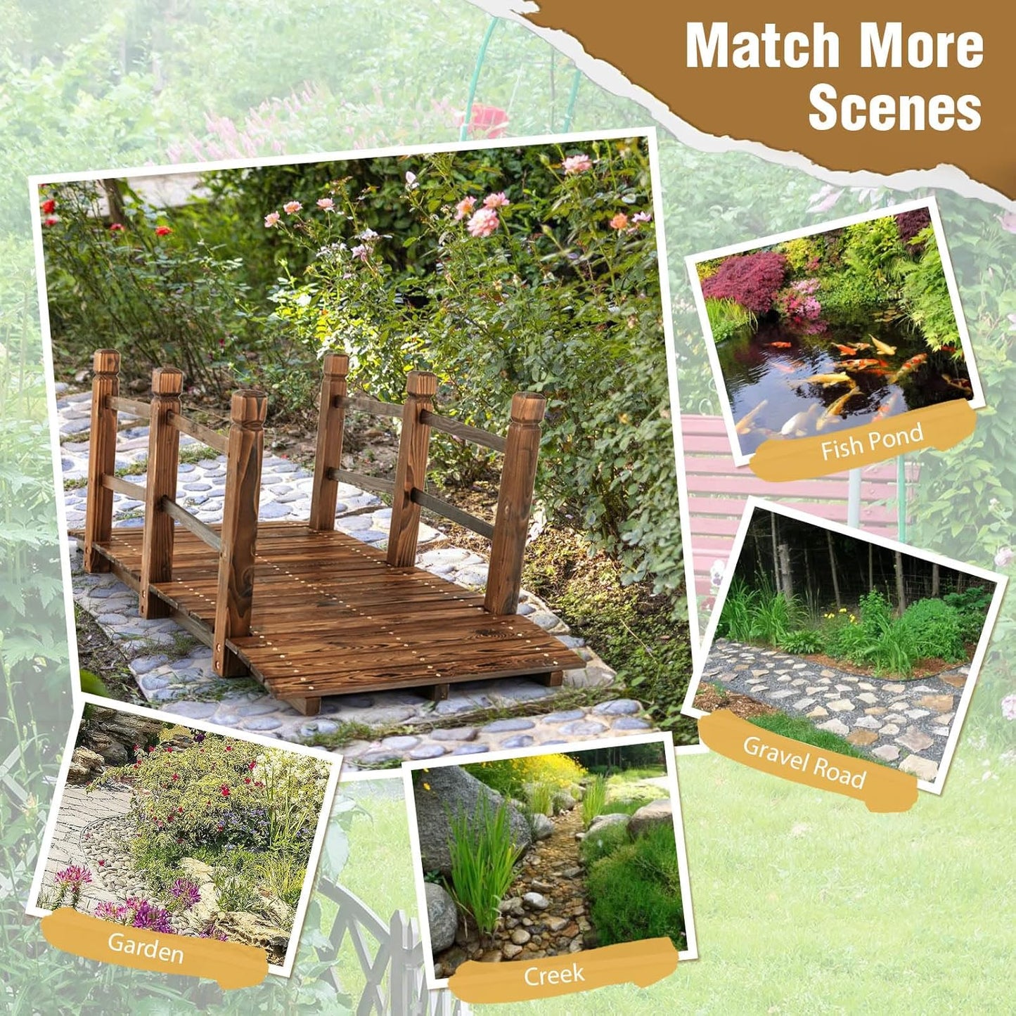 Giantex 5 ft Garden Bridge - Stained Wood Arc Footbridge Walkway with Side Railings, Decorative Wooden Bridge Landscaping for Backyard Farm Garden Creek Pond Decor, Easy to Assemble (Stained Brown)