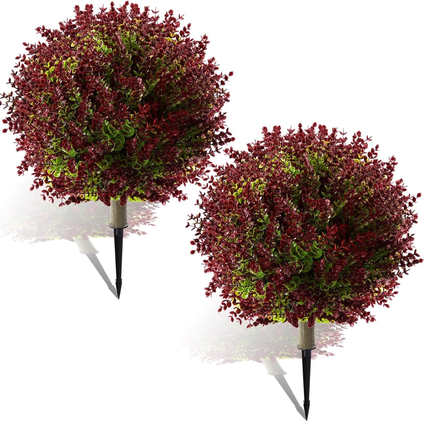 Yunlly 2 Pcs 18 Inch Artificial Boxwood Ball Topiary Tree Fake Outdoor Plants Bush, UV Resistance Faux Shrub with Spike Realistic Greenery Potted for Indoor Garden Yard Porch Patio Decor (Purple Red)