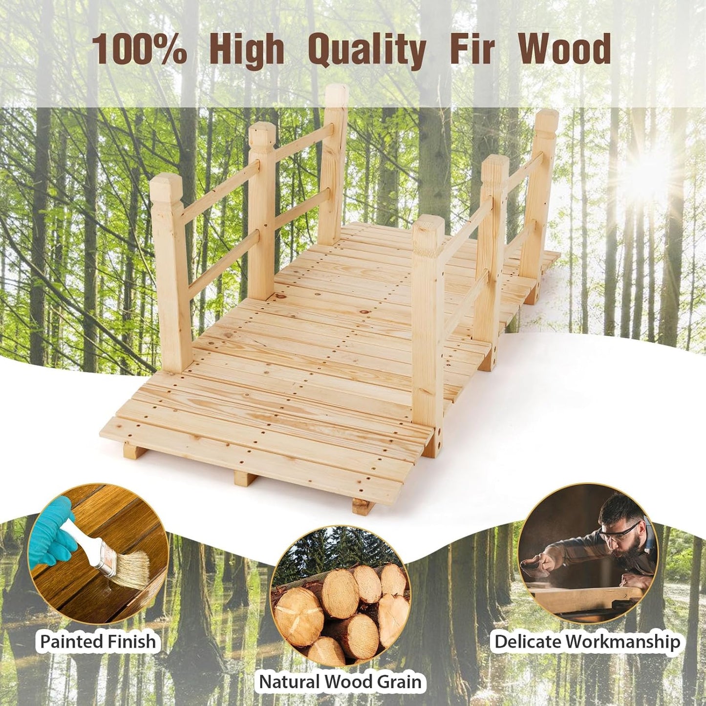 Giantex 5 ft Garden Bridge - Natural Wood Arc Footbridge Walkway with Side Railings, Decorative Wooden Bridge Landscaping for Backyard Farm Garden Creek Pond Decor, Easy to Assemble (Natural)