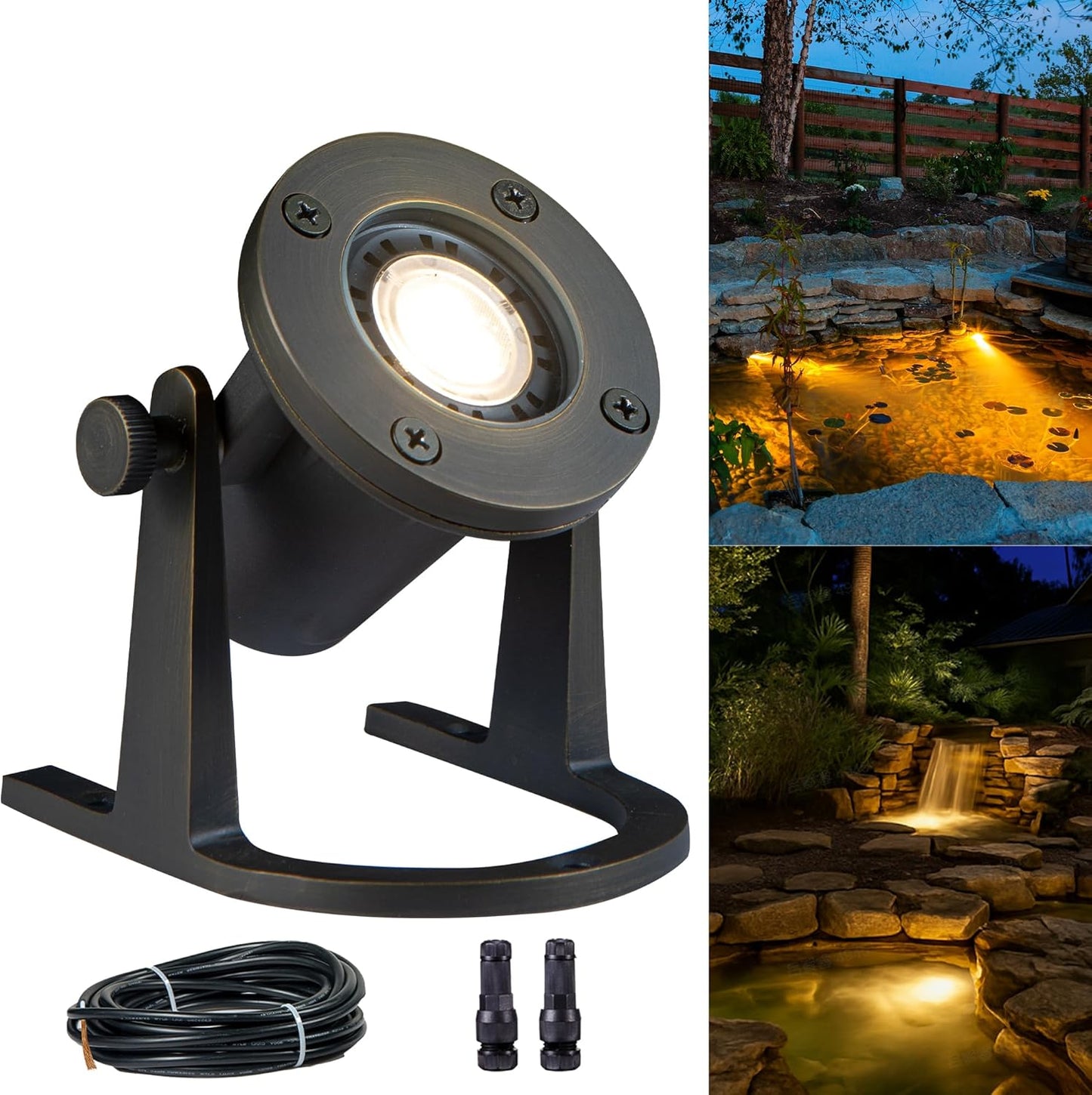 Brass Underwater Pond Light - 12V Low Voltage Fountain Lights Wired, IP68 Waterproof Submersible Pool Lighting LED, Adjustable Bronze for Outdoor Waterfall Water Area MR16 Bulb Not Included