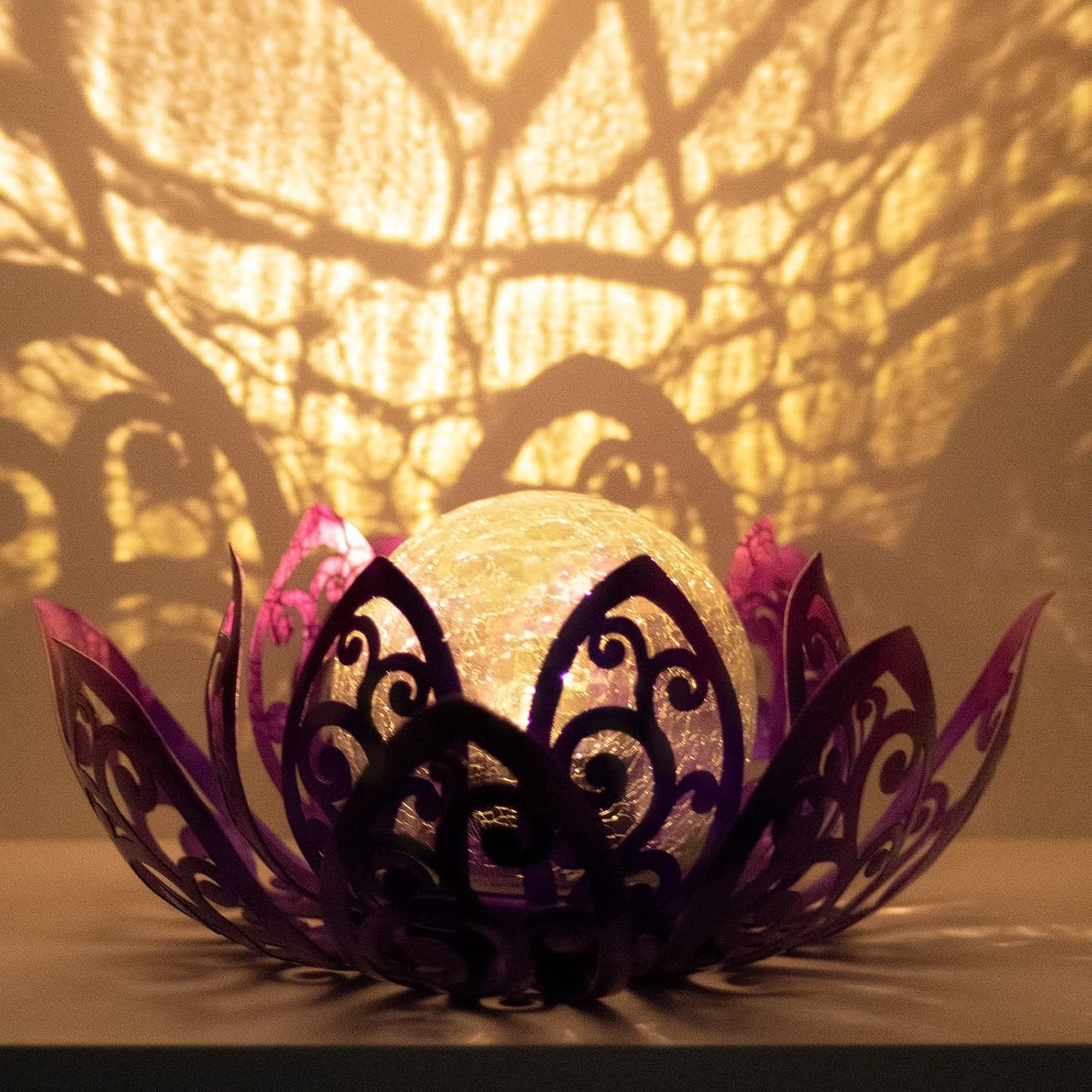 Bshine Solar Outdoor Garden Lotus Decorative Light, Waterproof Metal Cracked Glass Globe LED Lotus Light for Tabletop Decor, Walkway, Lawn Ornaments and Garden, Housewarming Gift (Purple)